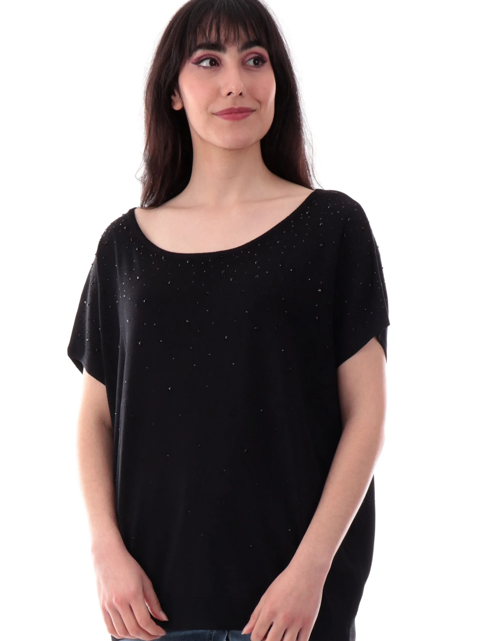 ANIS Maglie*Maglione scollo a barca nero da donna vestibilità morbida con strass 251W6046