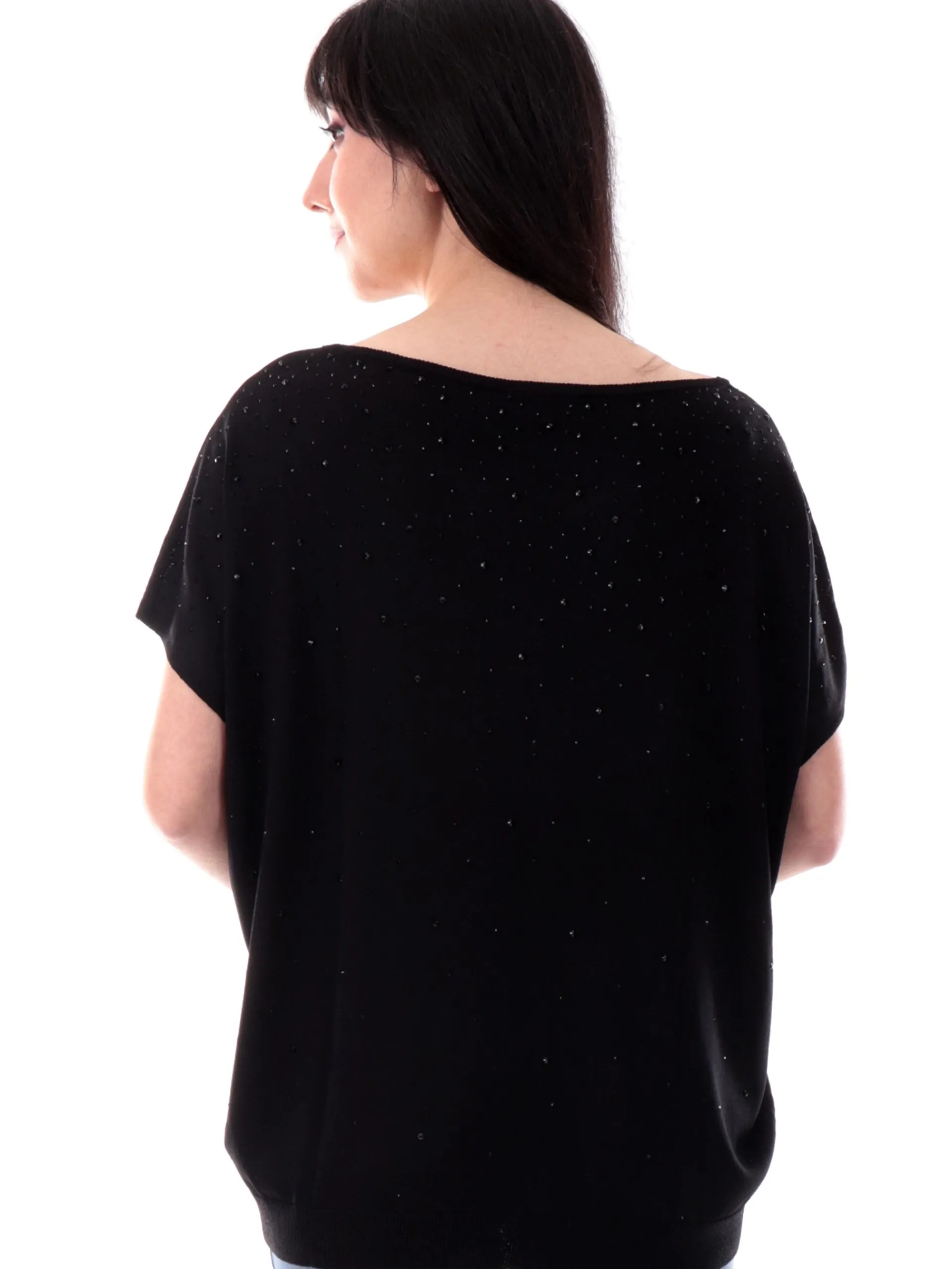 ANIS Maglie*Maglione scollo a barca nero da donna vestibilità morbida con strass 251W6046