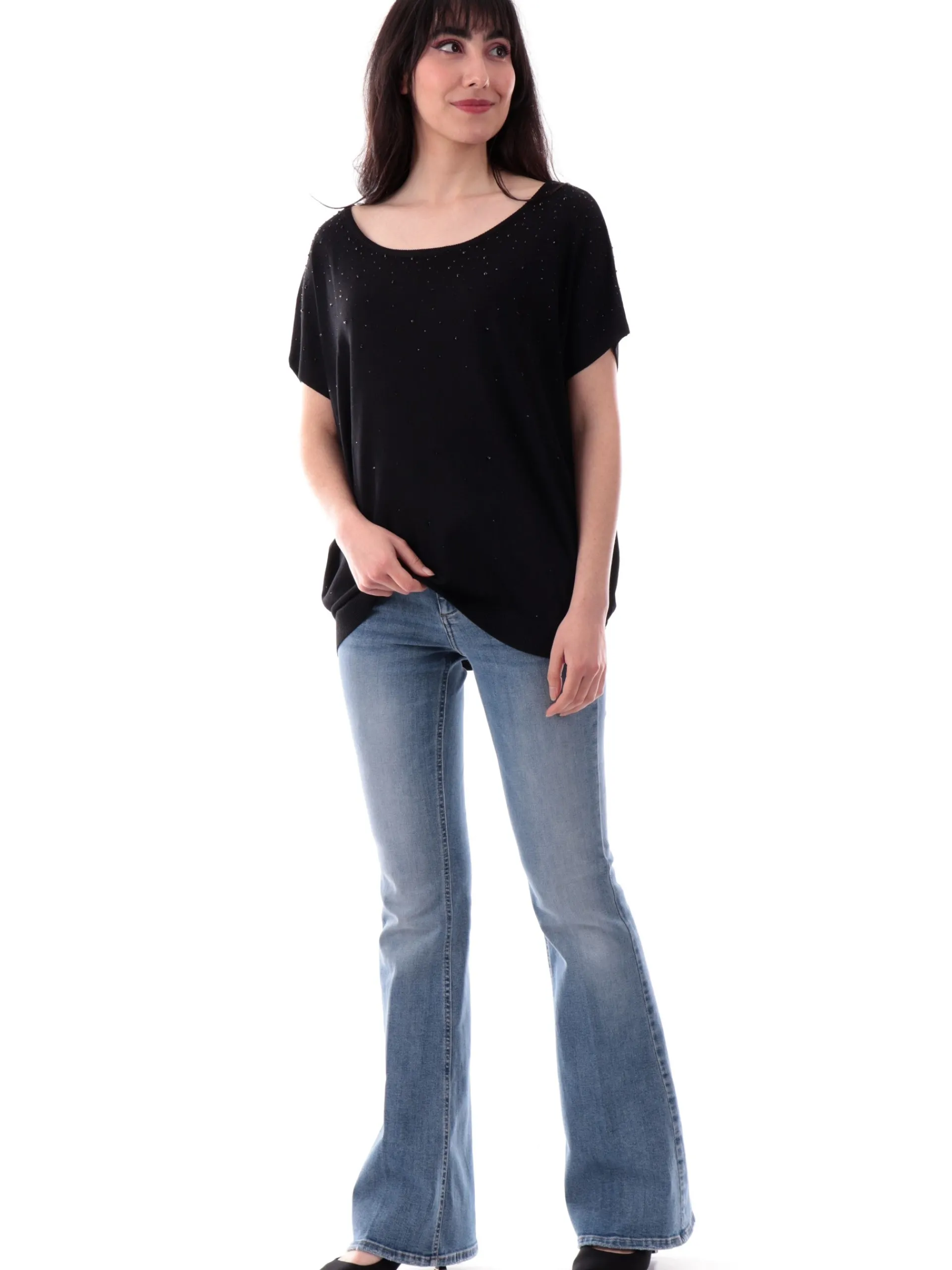 ANIS Maglie*Maglione scollo a barca nero da donna vestibilità morbida con strass 251W6046