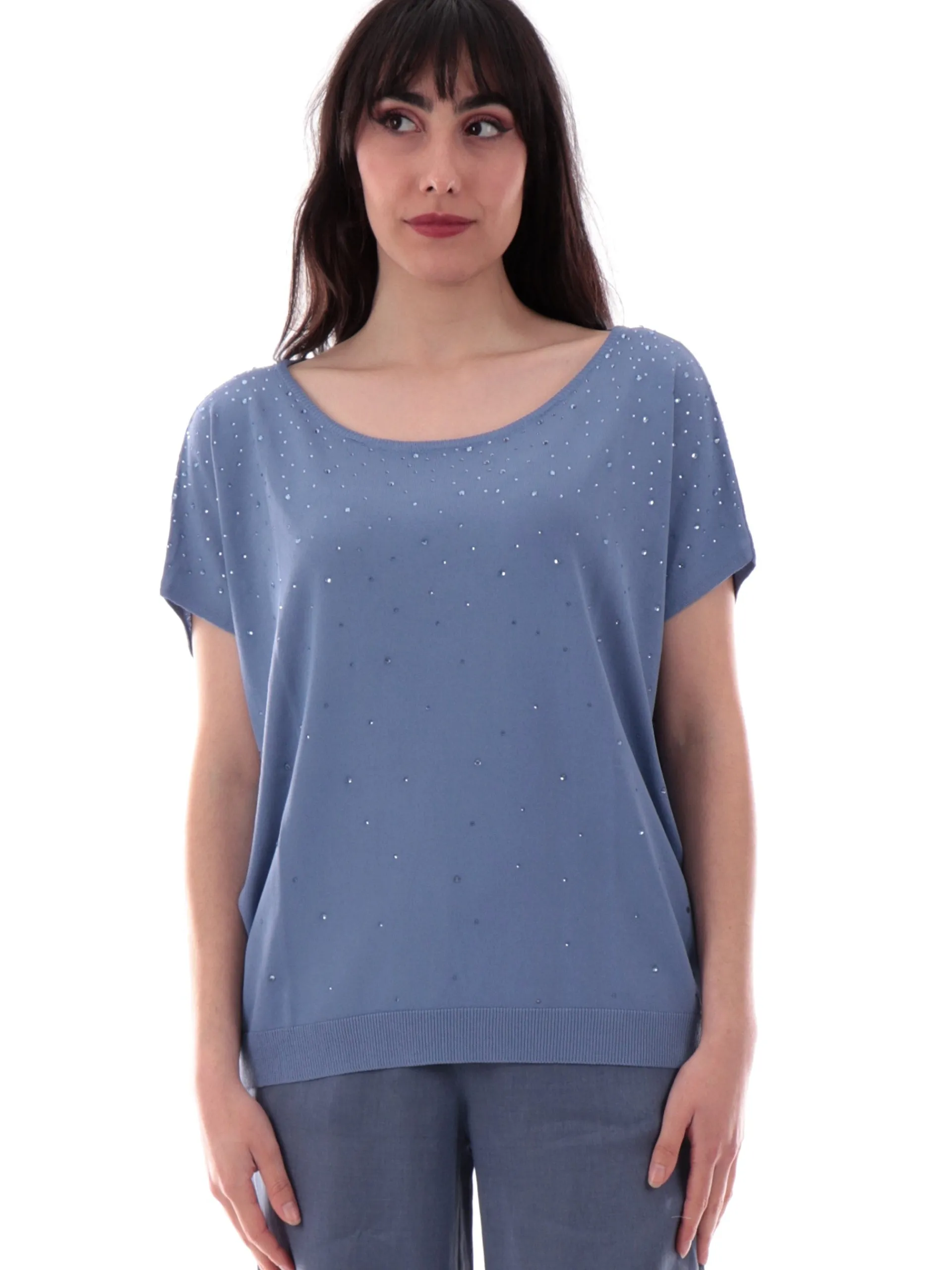 ANIS Maglie*Maglione scollo a barca blu da donna vestibilità morbida con strass 251W6046