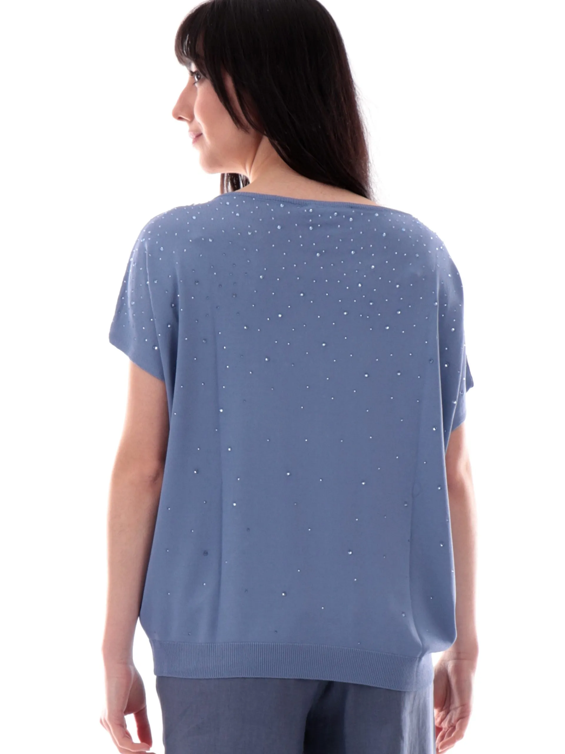 ANIS Maglie*Maglione scollo a barca blu da donna vestibilità morbida con strass 251W6046