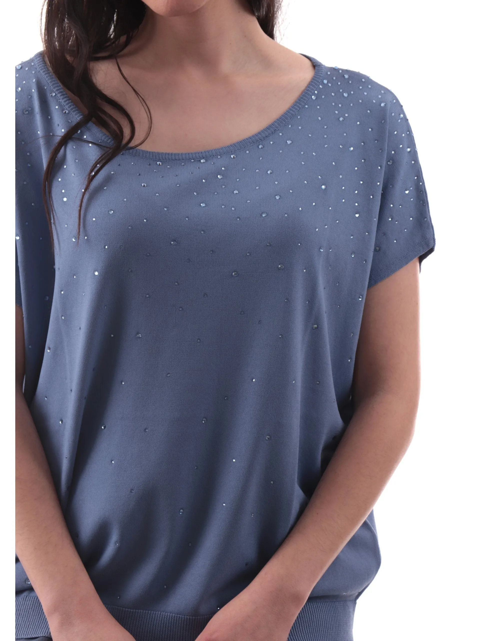 ANIS Maglie*Maglione scollo a barca blu da donna vestibilità morbida con strass 251W6046