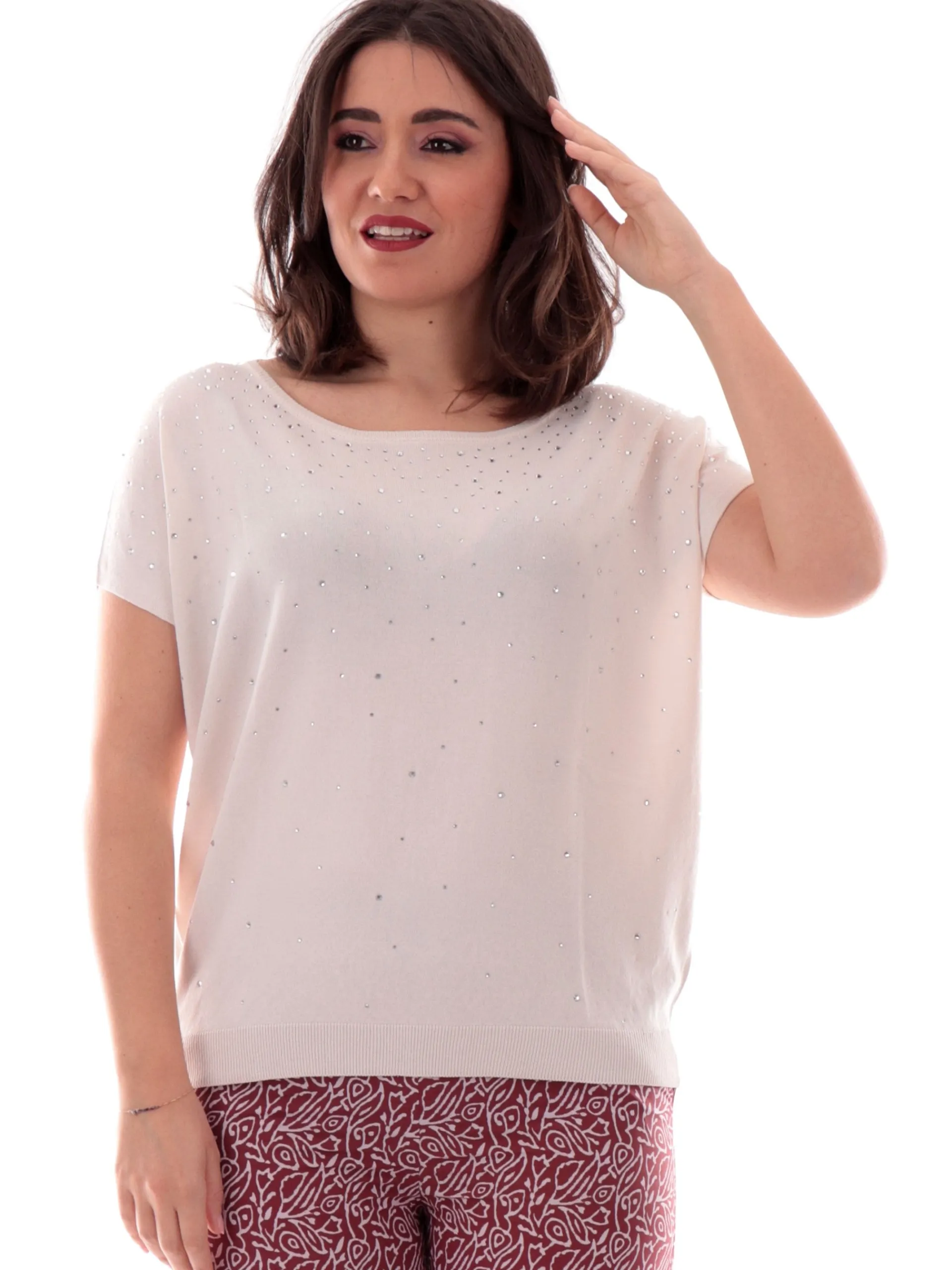 ANIS Maglie*Maglione scollo a barca beige da donna vestibilità morbida con strass 251W6046