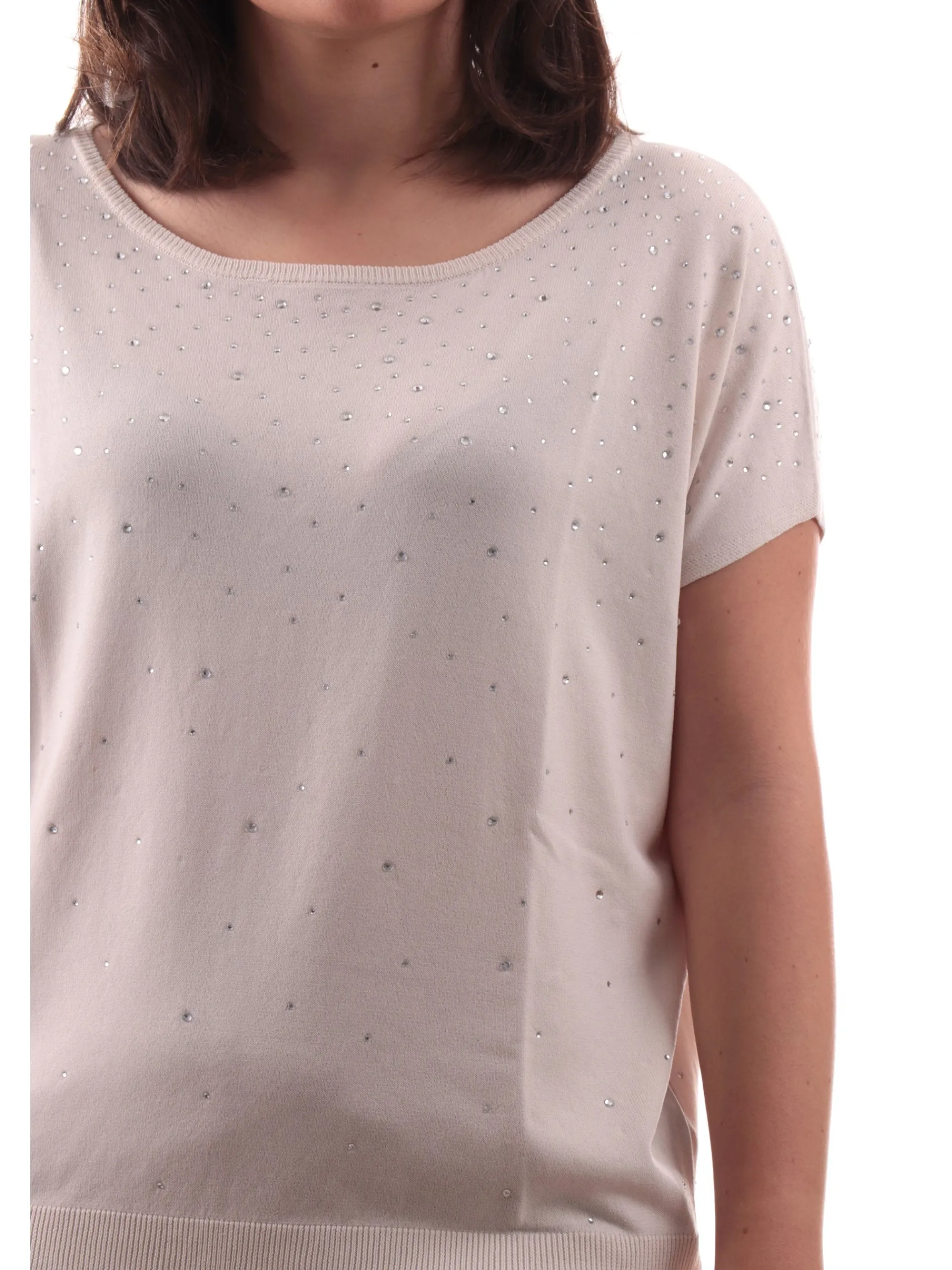 ANIS Maglie*Maglione scollo a barca beige da donna vestibilità morbida con strass 251W6046