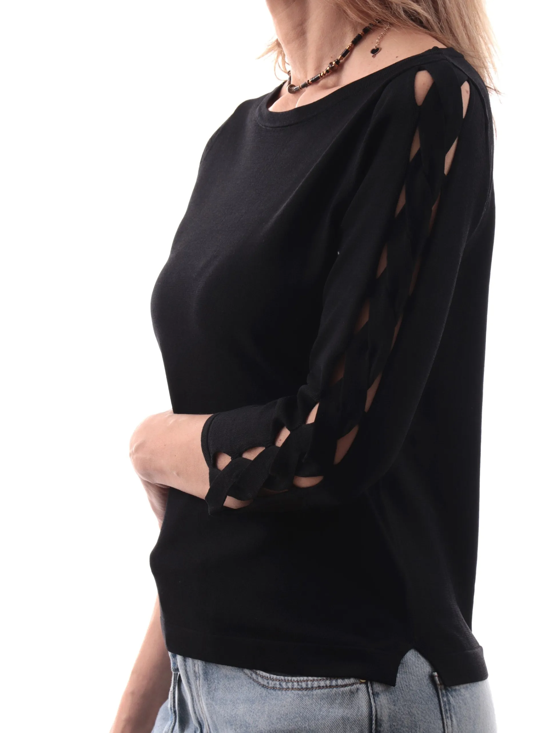 ANIS Maglie*Maglione scollo a barca nero da donna maniche tre quarti 251W1071