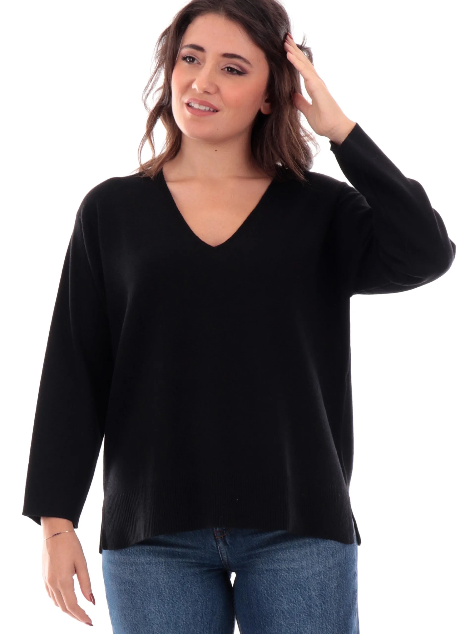 ANIS Maglie*Maglione scollo a V nero da donna vestibilità morbida 245F1102