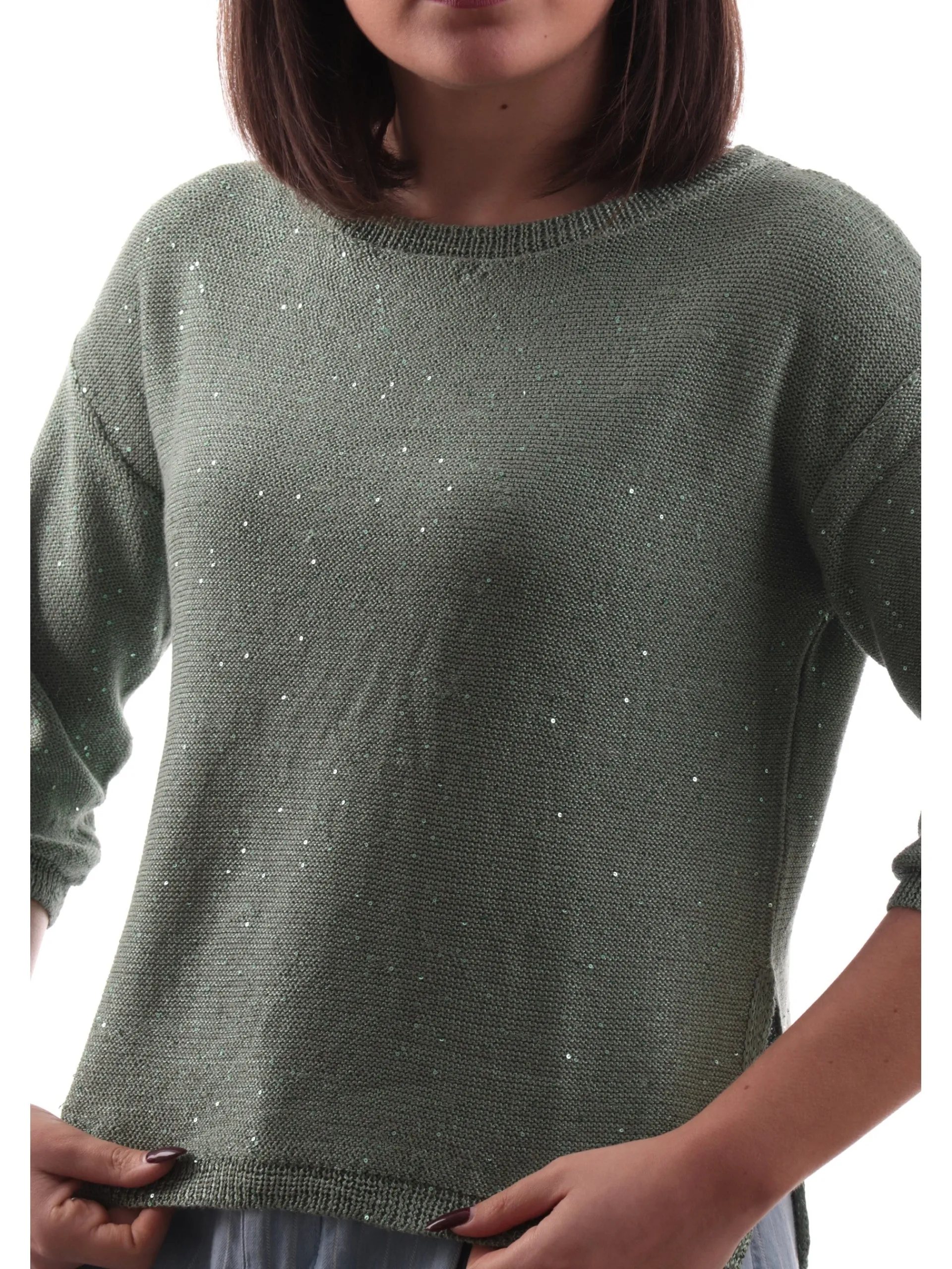 ANIS Maglie*Maglione verde scollo barca da donna con paillettes 251W1236