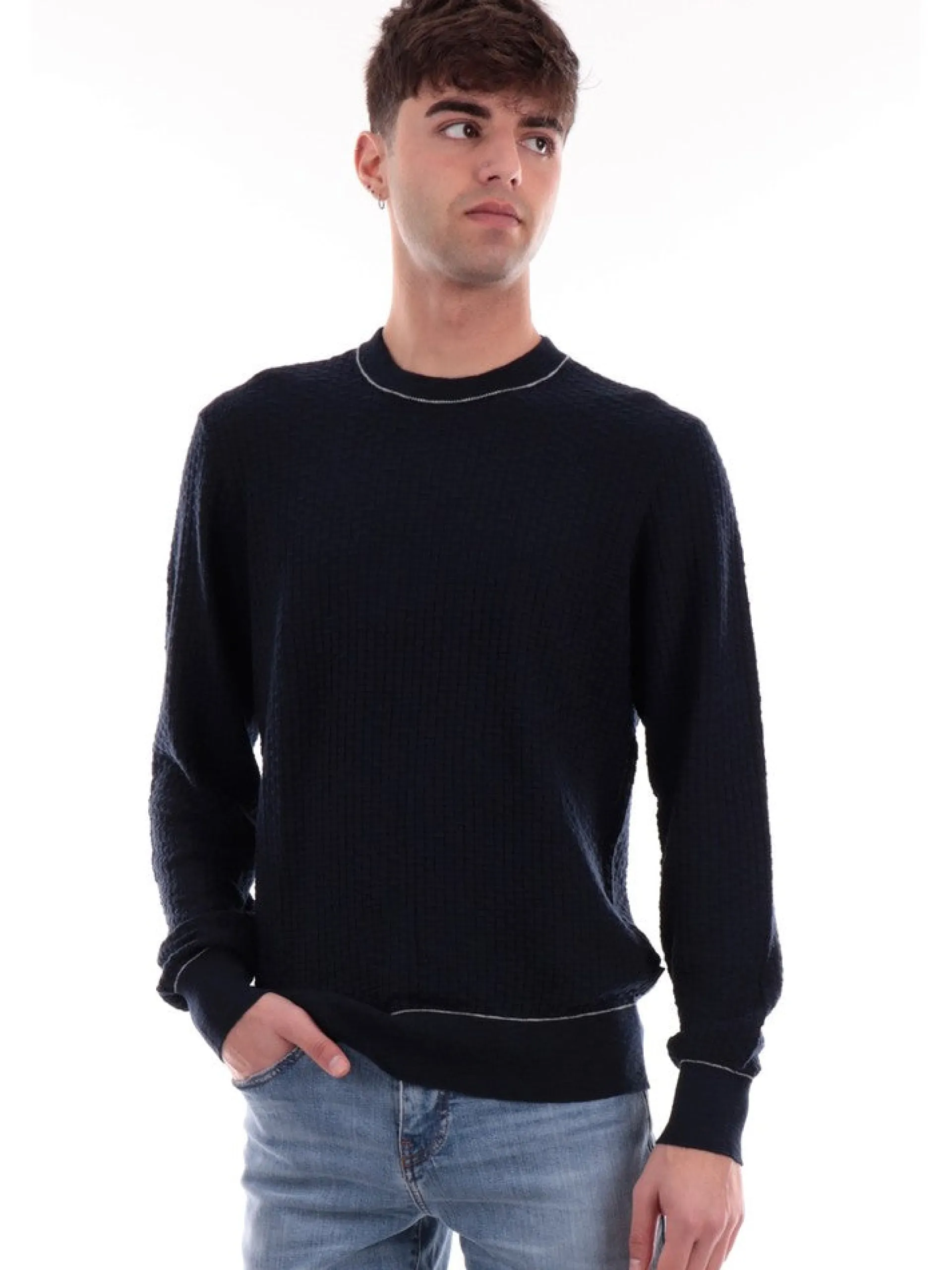 ARMANI EXCHANGE Maglie*Maglione AX Blu trama tridimensionale lavorata intreccio