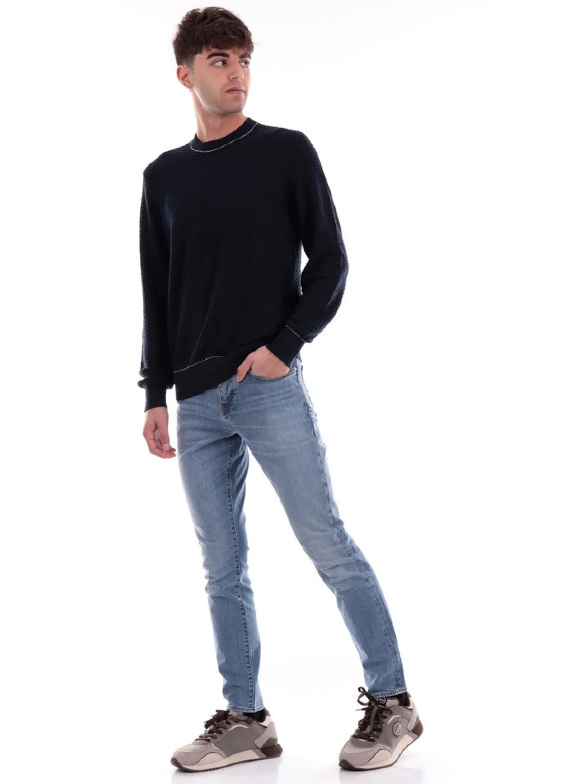 ARMANI EXCHANGE Maglie*Maglione AX Blu trama tridimensionale lavorata intreccio