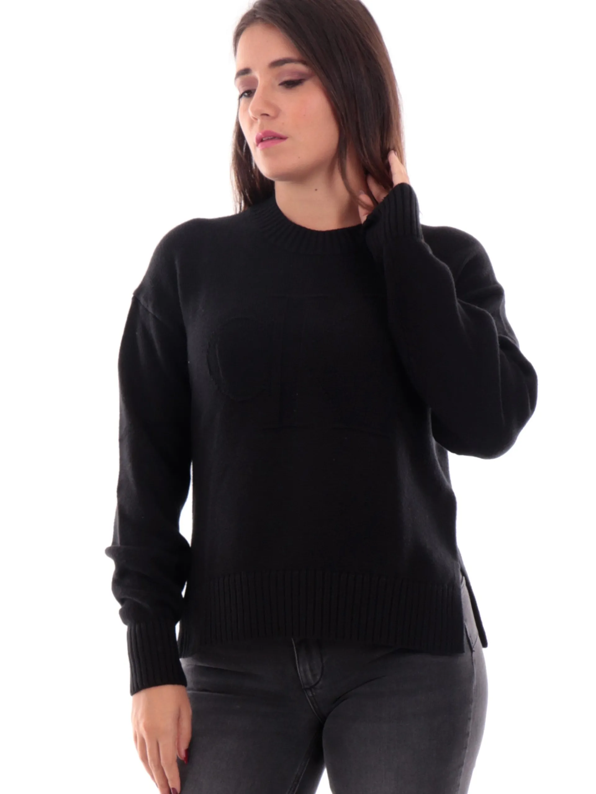 CALVIN KLEIN Maglie*Maglione nero da donna maxi logo Intarsia J20J224224