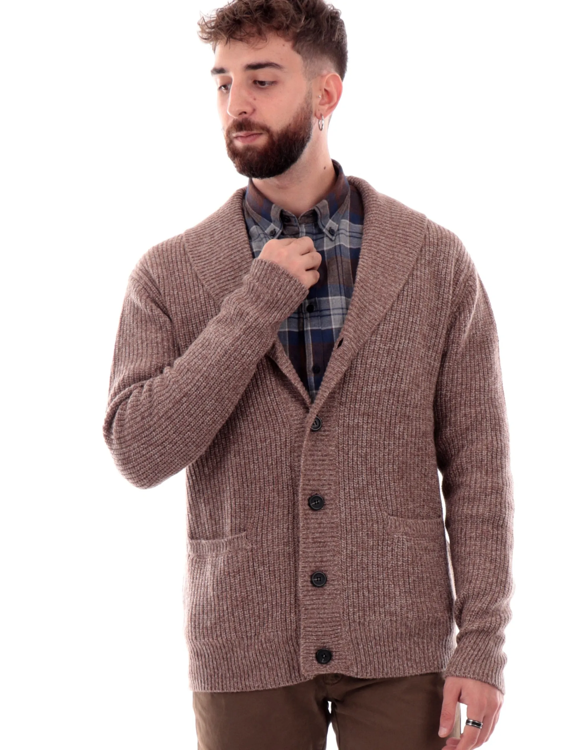 IMPURE Maglie*Maglione cardigan marrone da uomo Collar scollo a V DANIEL
