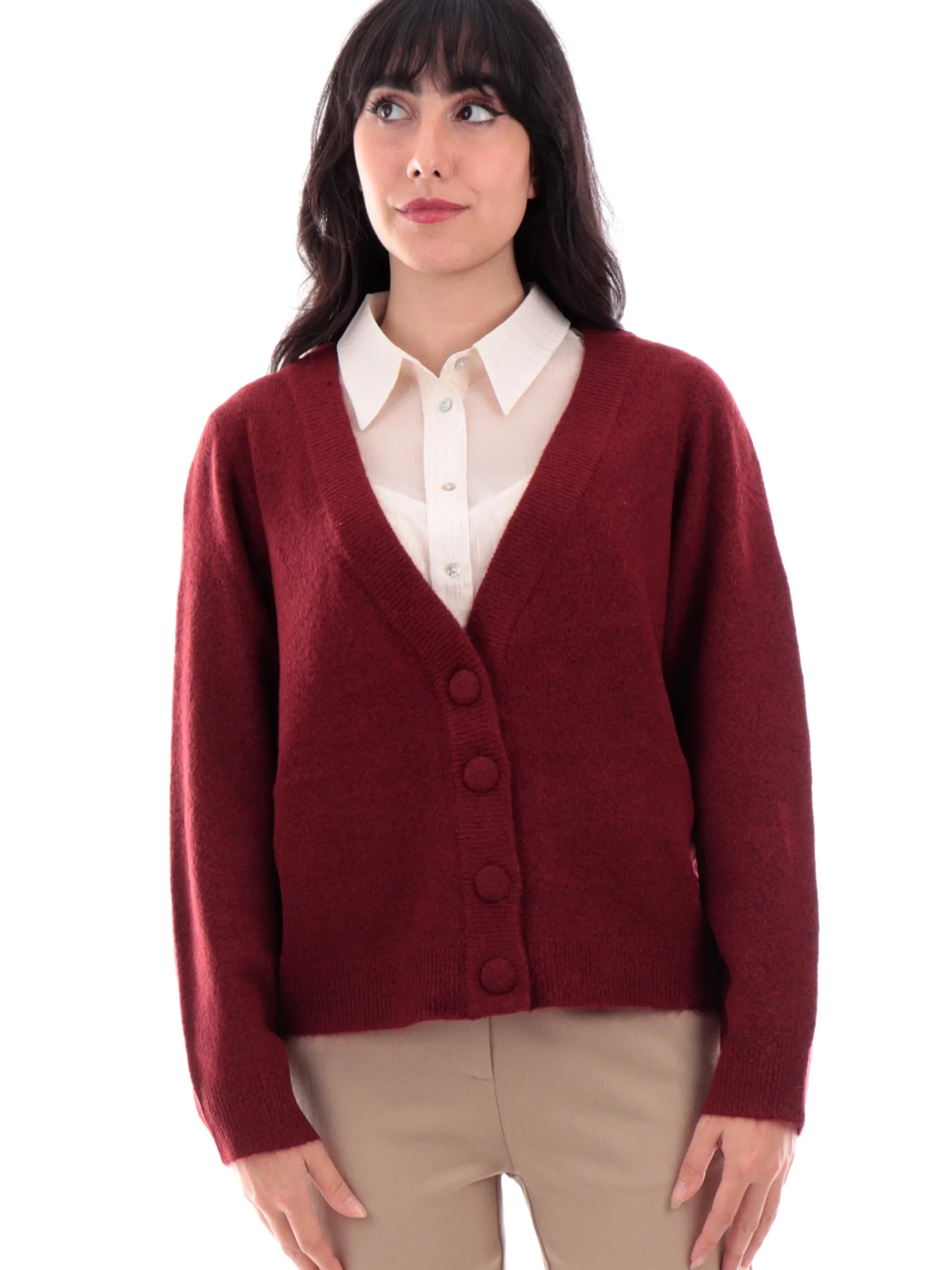 MOLLYBRACKEN Maglie*Maglione cardigan Molly Bracken bordeaux da donna scollo a V T1925CN