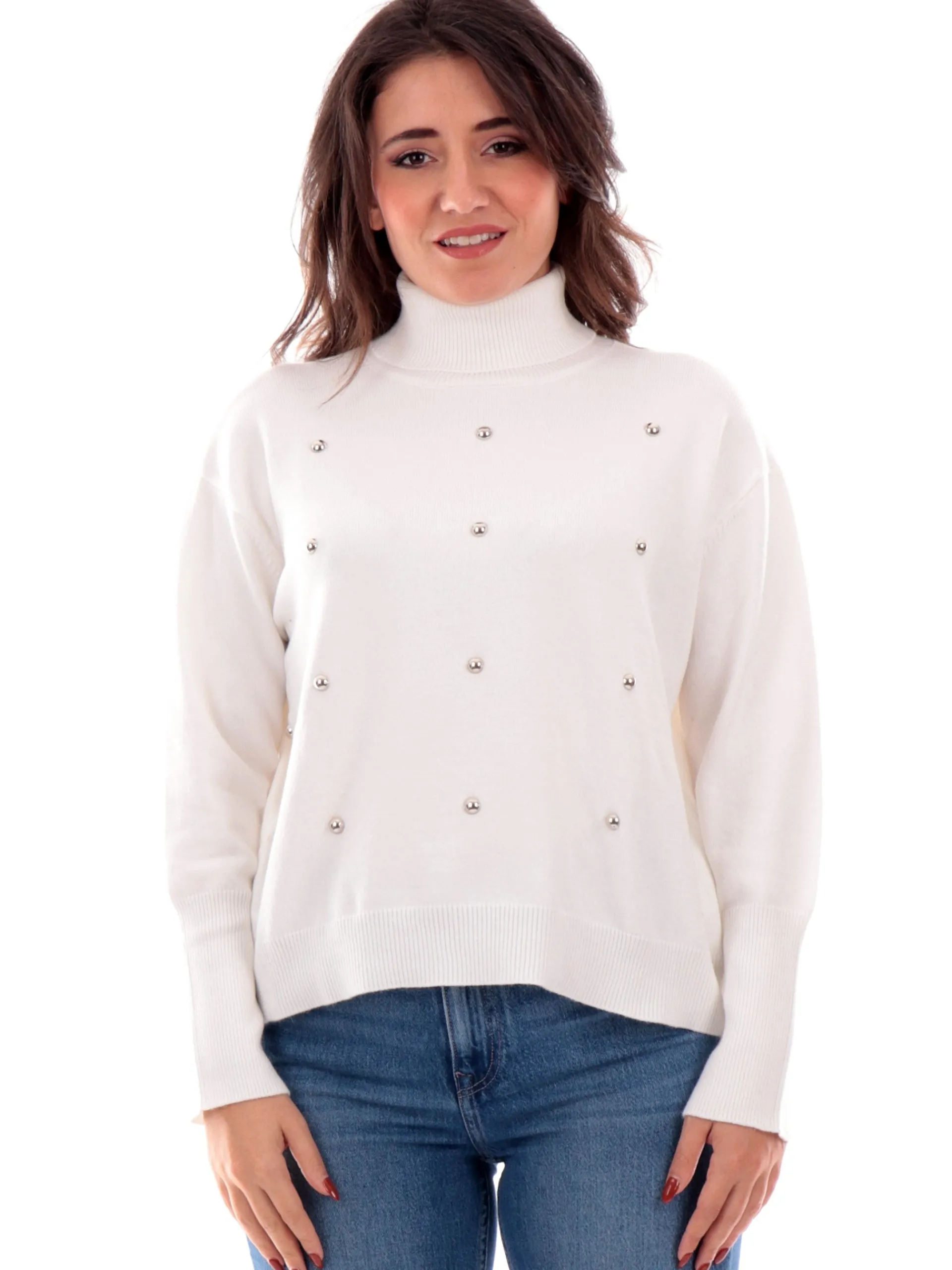 ANIS Maglie*Maglione dolcevita bianco da donna con borchie 245W6295