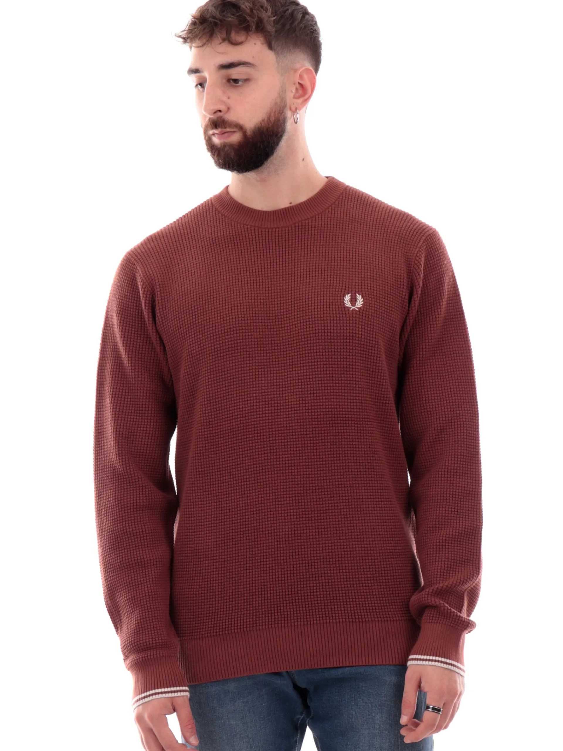 FRED PERRY Maglie*Maglione marrone ruggine da uomo Waffle Stitch K6507