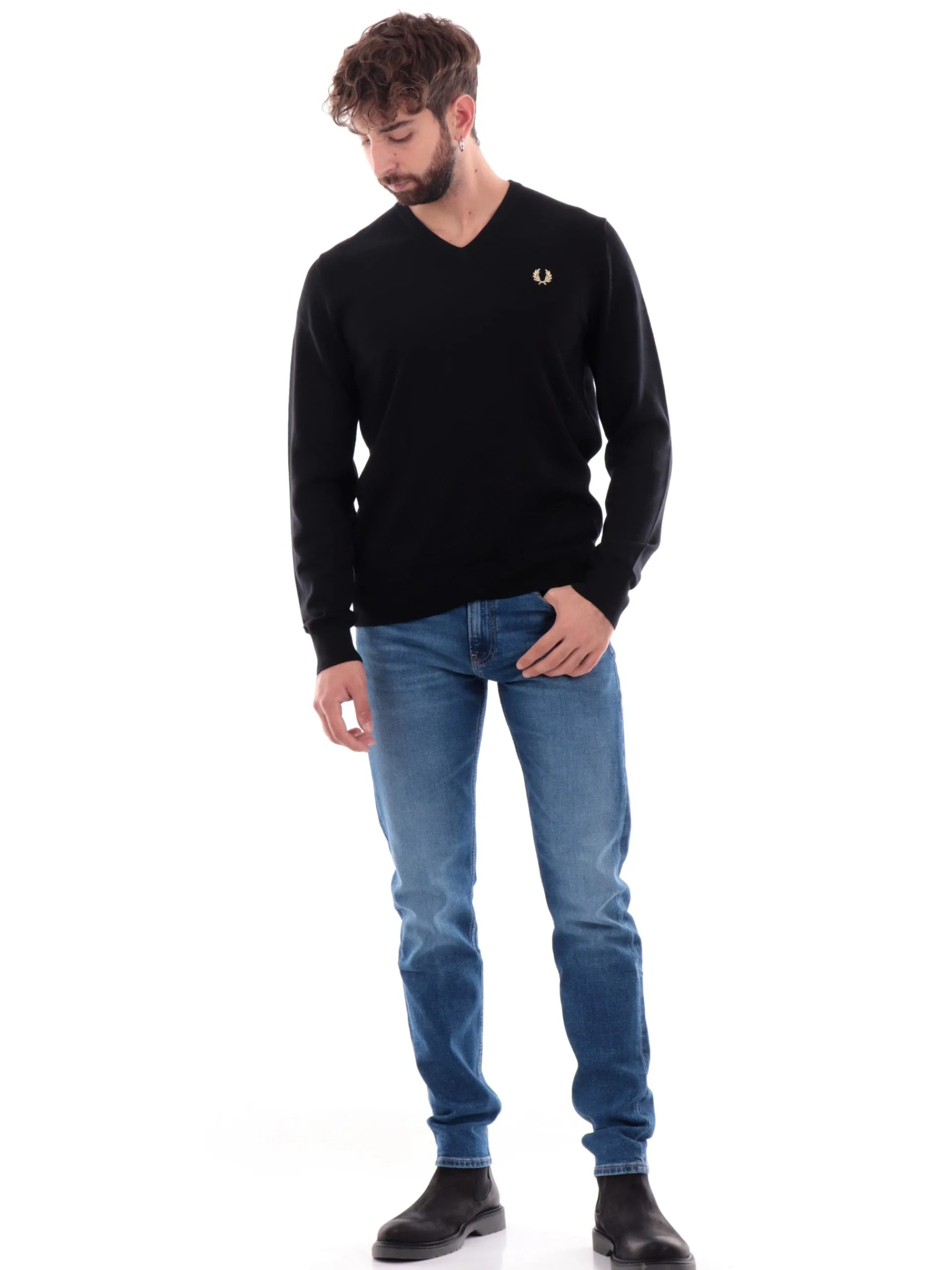 FRED PERRY Maglie*Maglione nero da uomo scollo a V K9600
