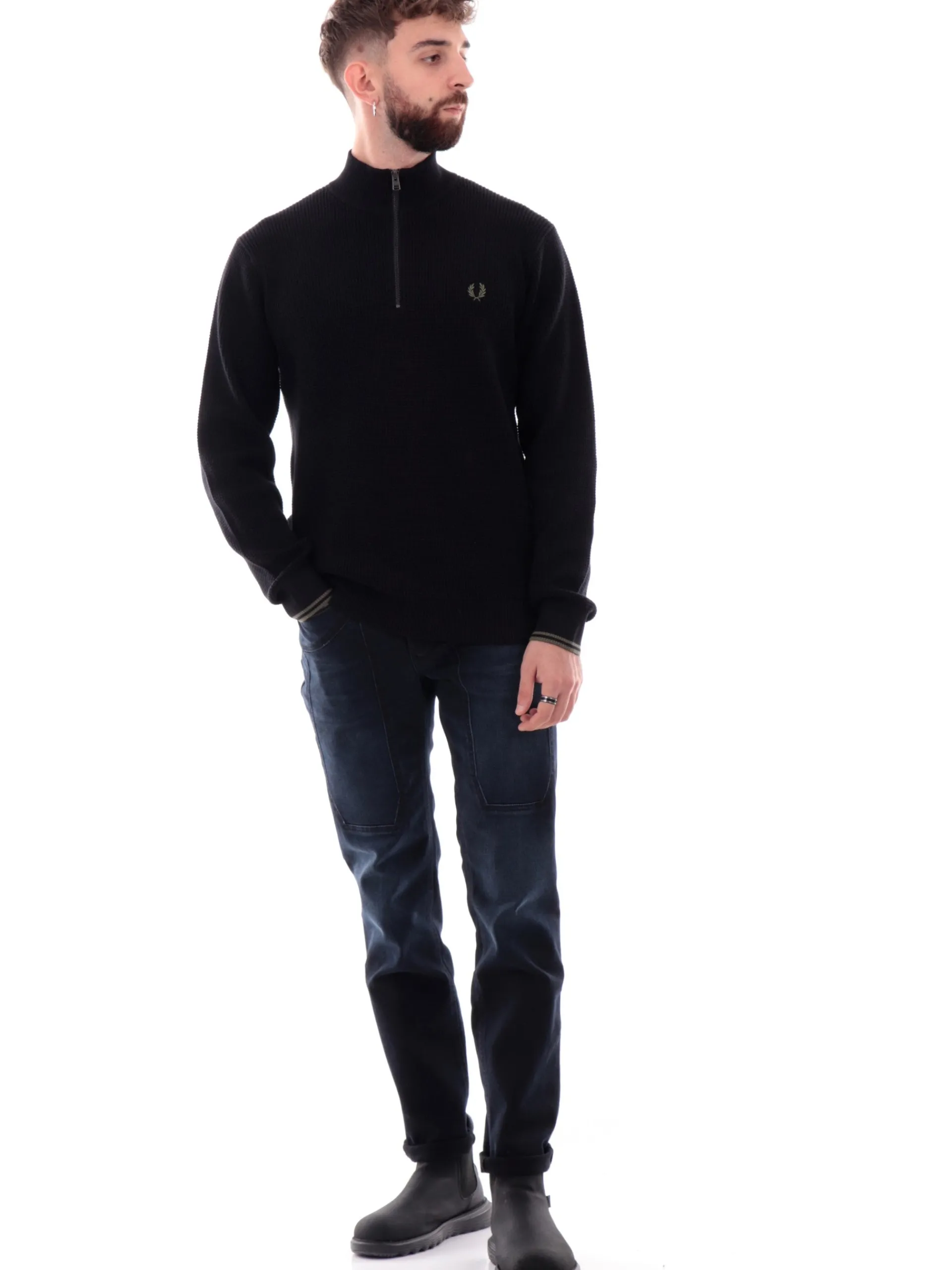 FRED PERRY Maglie*Maglione nero da uomo full zip Waffle Stitch K8557