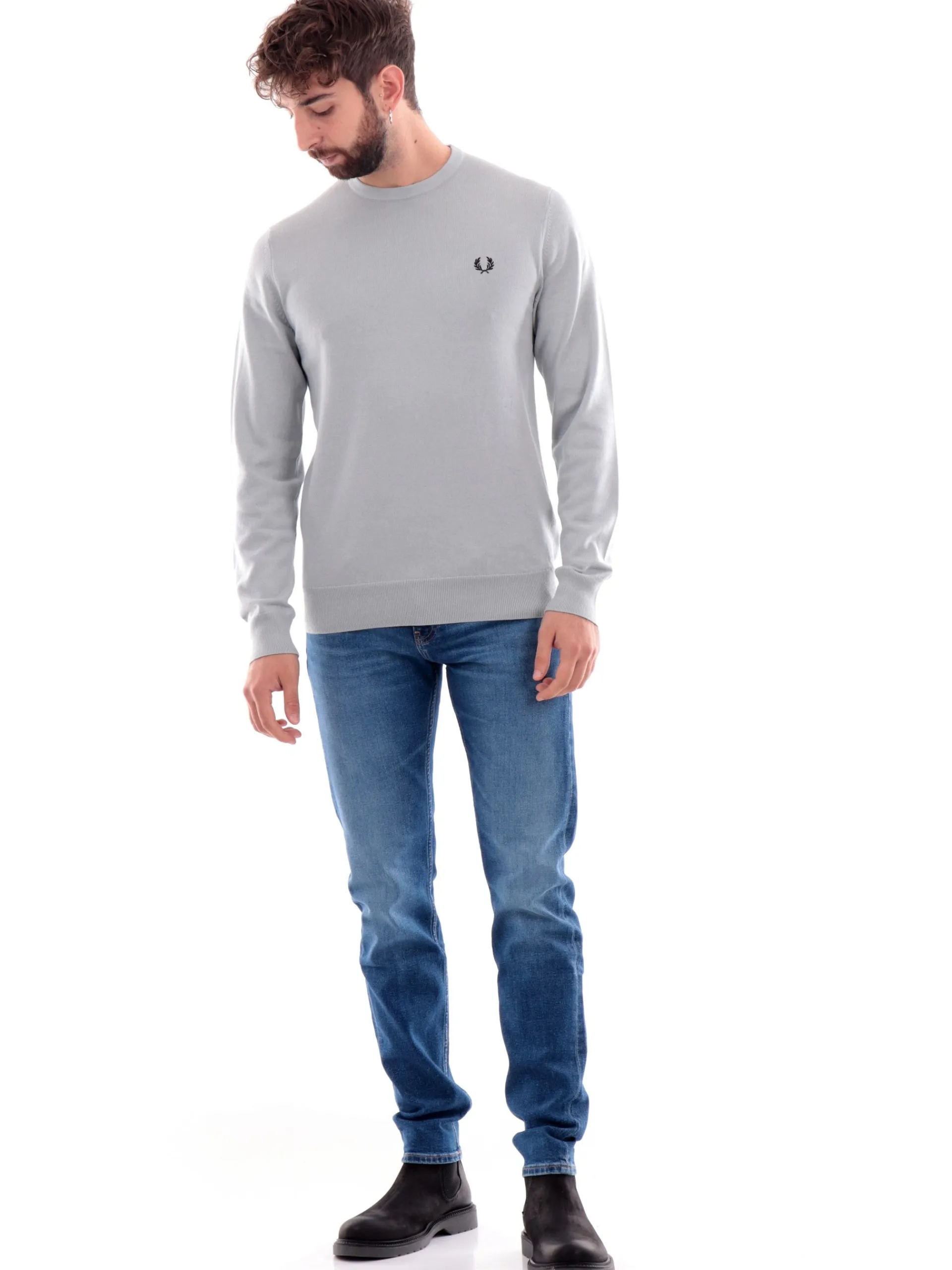 FRED PERRY Maglie*Maglione silver blue da uomo Classic Crew Neck Jumper K9601