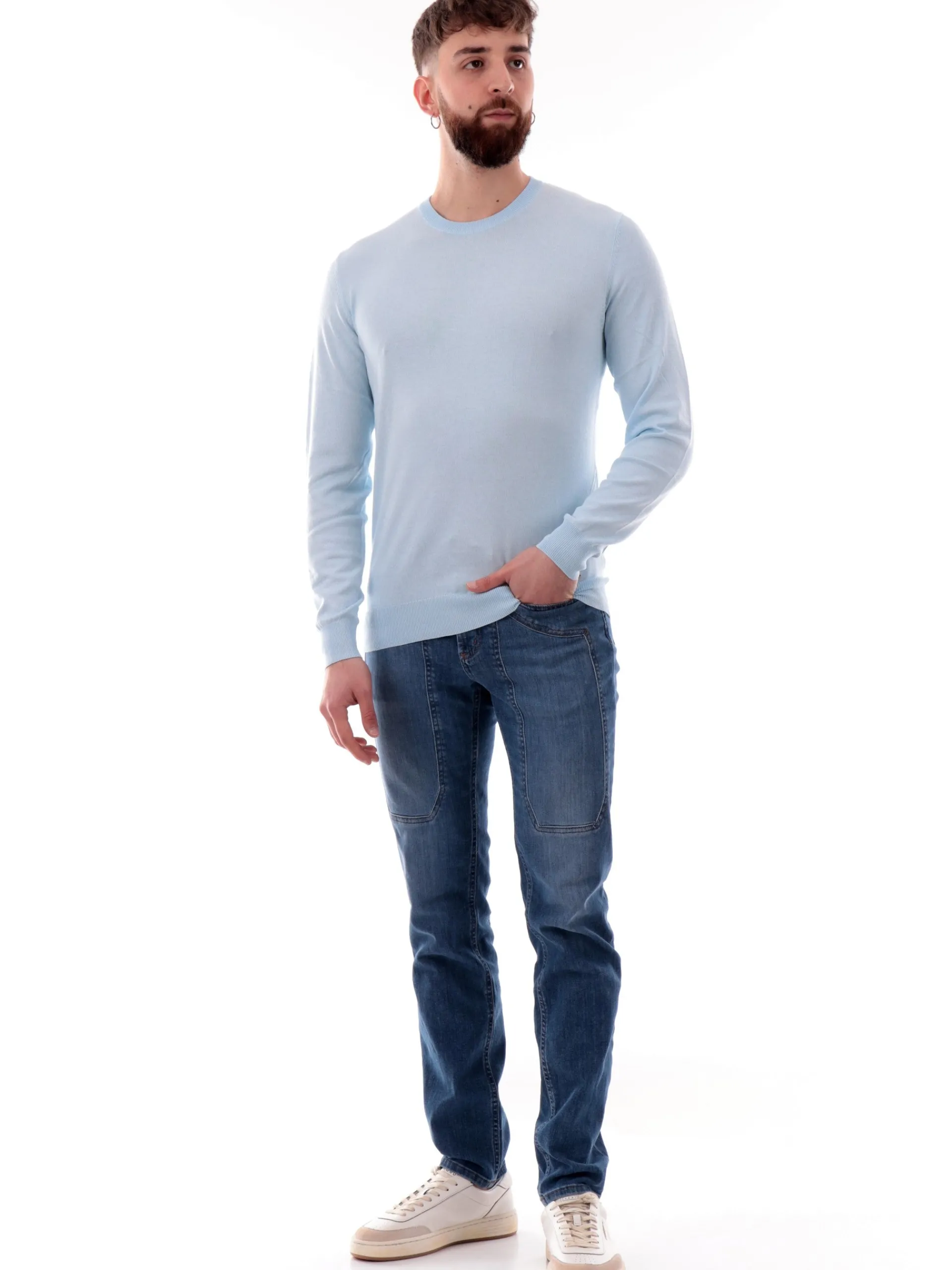 GIANNI LUPO Maglie*Maglione girocollo blu da uomo in viscosa GL512SS25