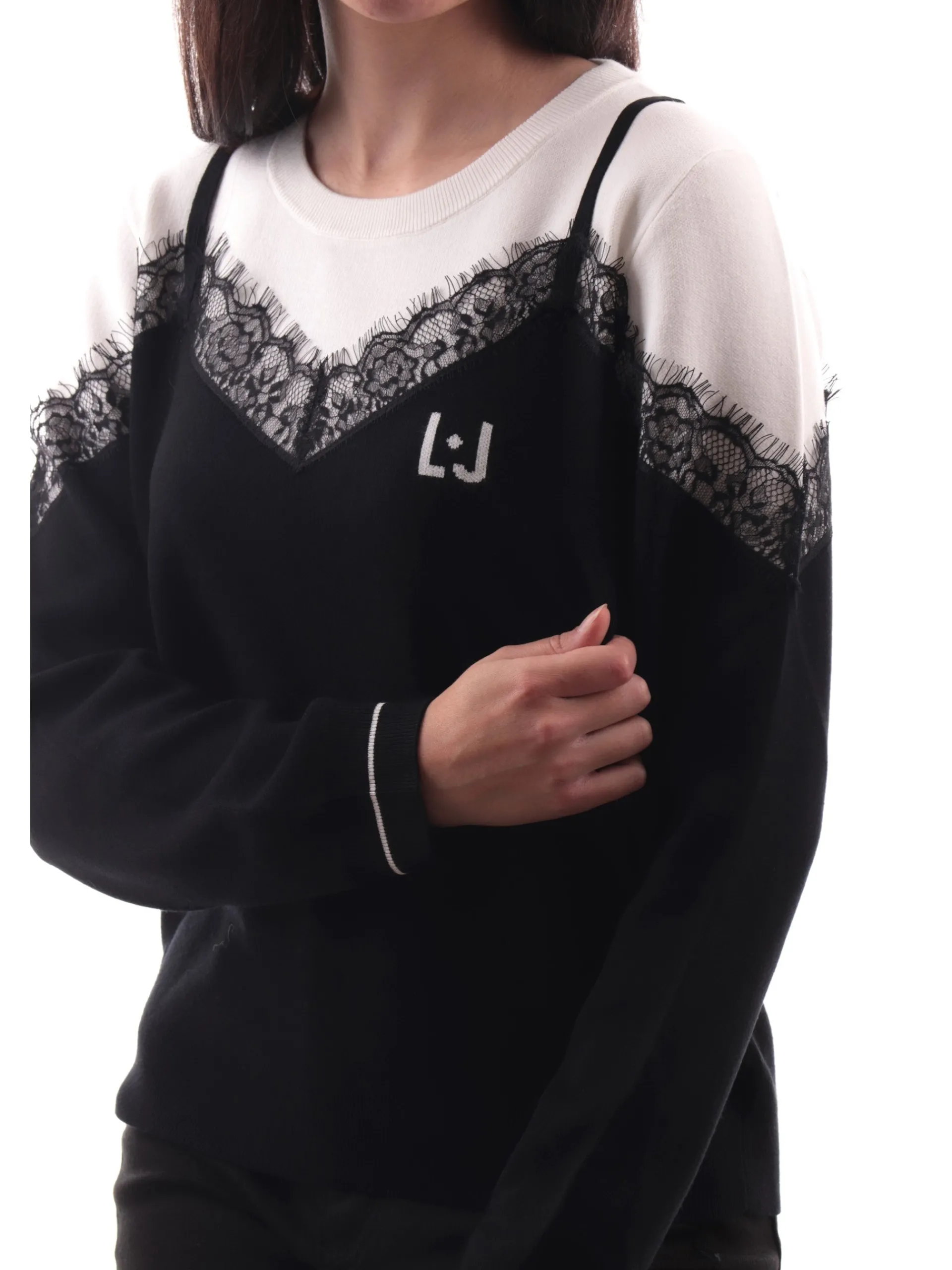 LIU JO SPORT Maglie*Maglione girocollo Liu Jo bianco e nero da donna inserto pizzo TF4219MS63L