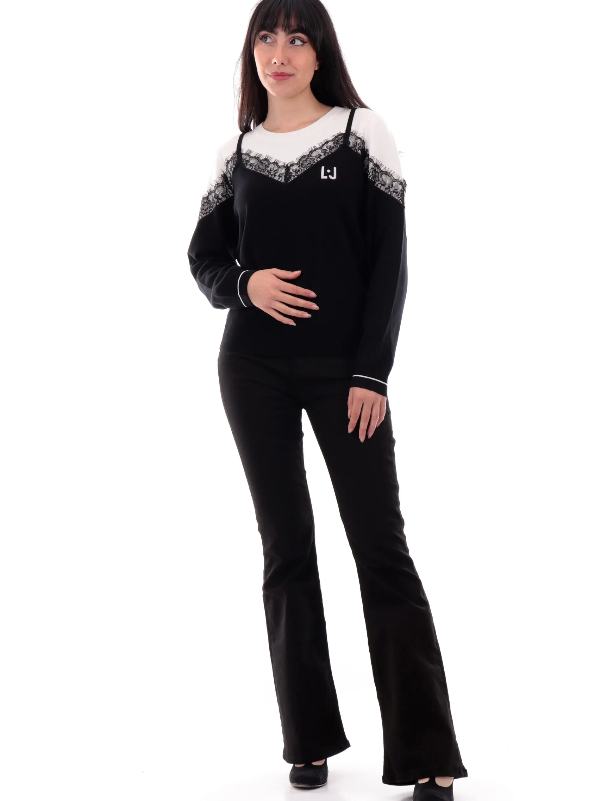 LIU JO SPORT Maglie*Maglione girocollo Liu Jo bianco e nero da donna inserto pizzo TF4219MS63L
