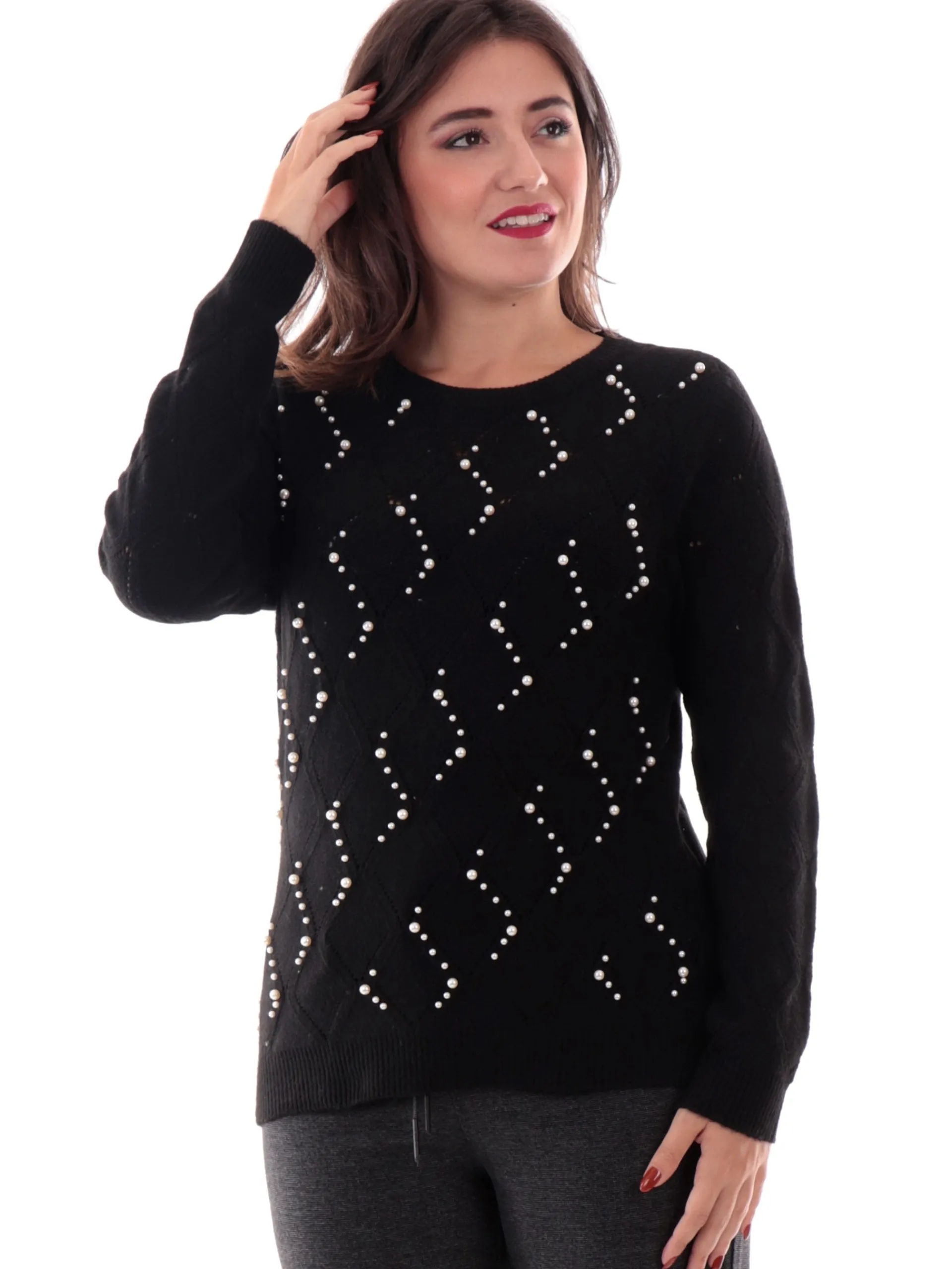 ONLY Maglie*Maglione girocollo con perle nero da donna 15324269