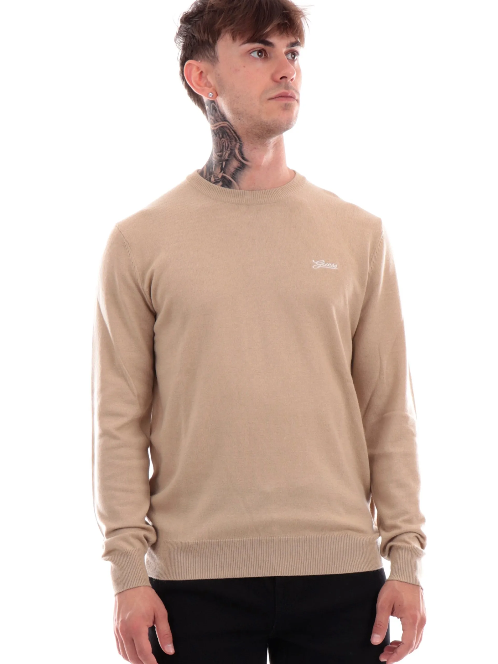 GUESS Maglie*Maglione beige da uomo logo ricamato Daniel M4YR01Z3052