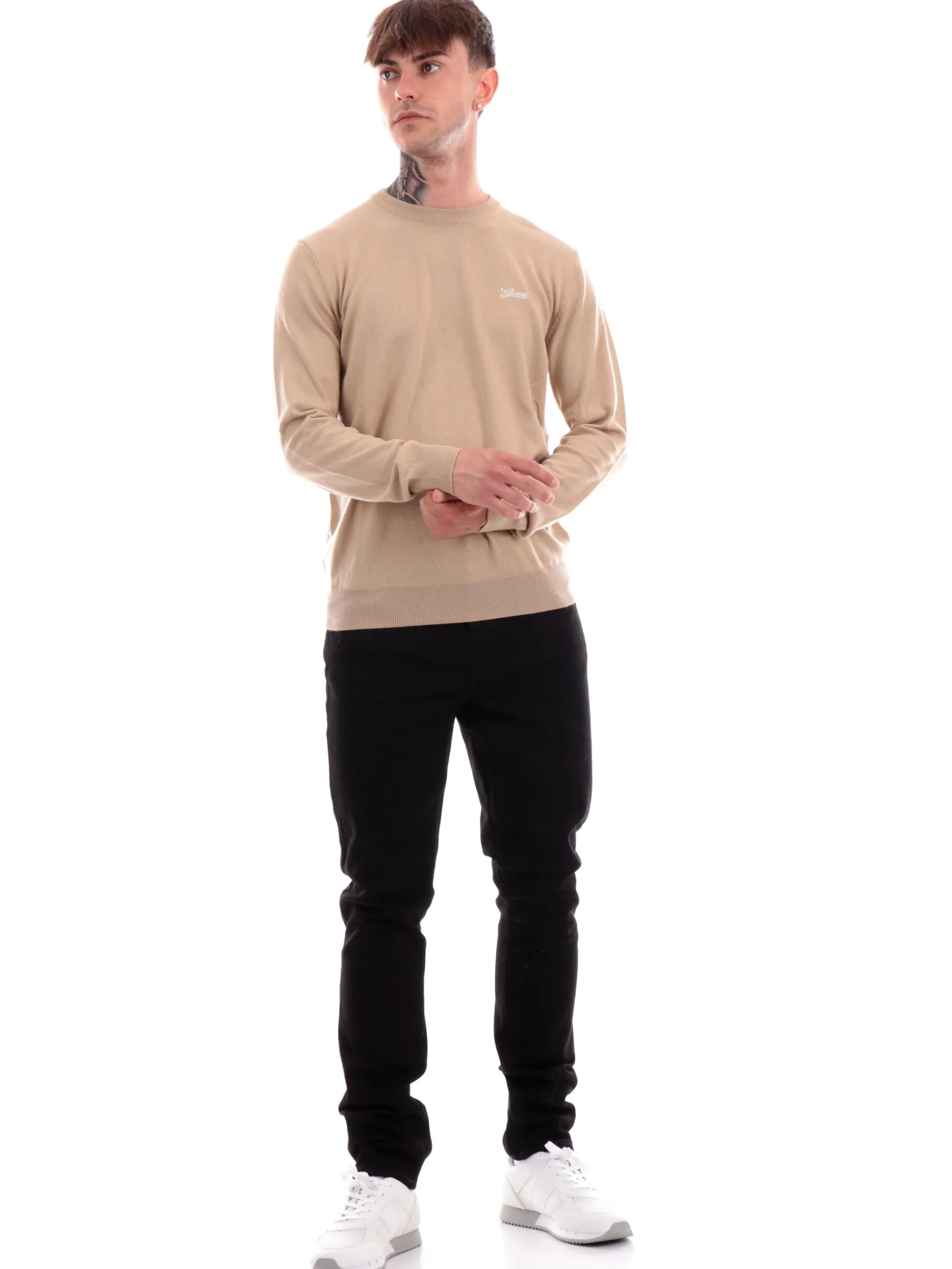 GUESS Maglie*Maglione beige da uomo logo ricamato Daniel M4YR01Z3052