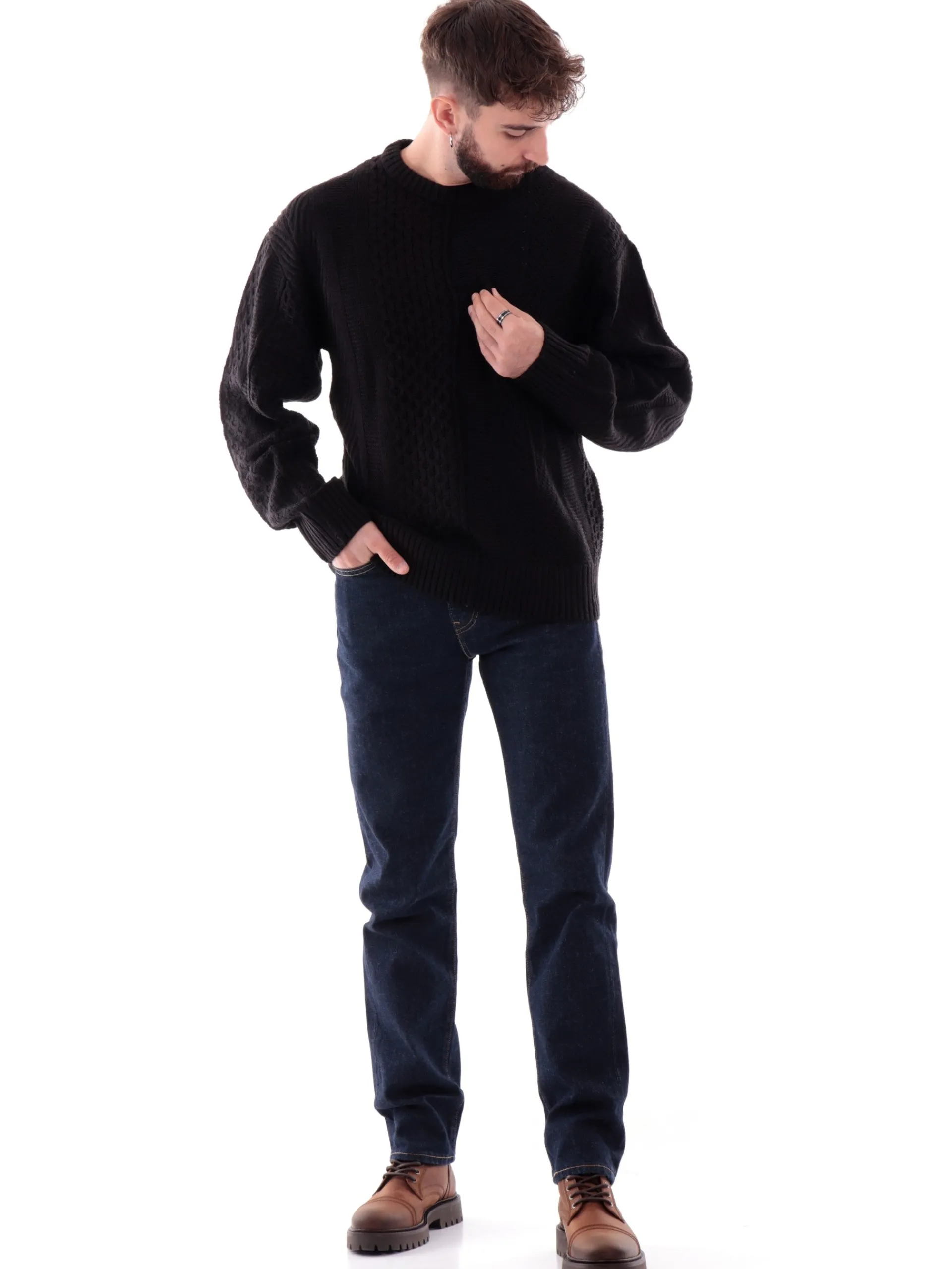 JACK&JONES Maglie*Maglione Jack Jones nero da uomo girocollo tessuto annodato 12262320
