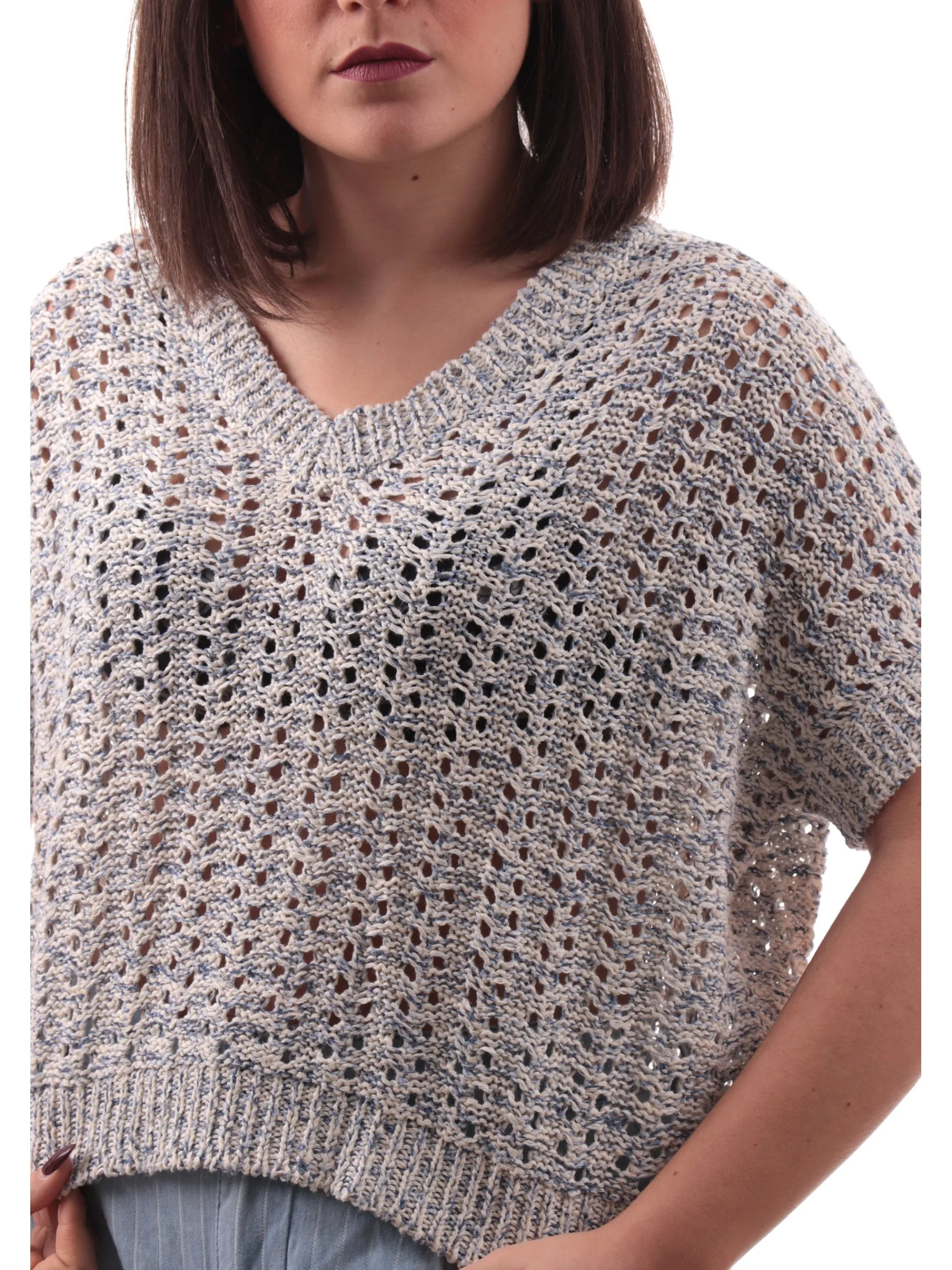 ANIS Maglie*Maglione kimono scollo a V blu da donna bucherellato 251W1221