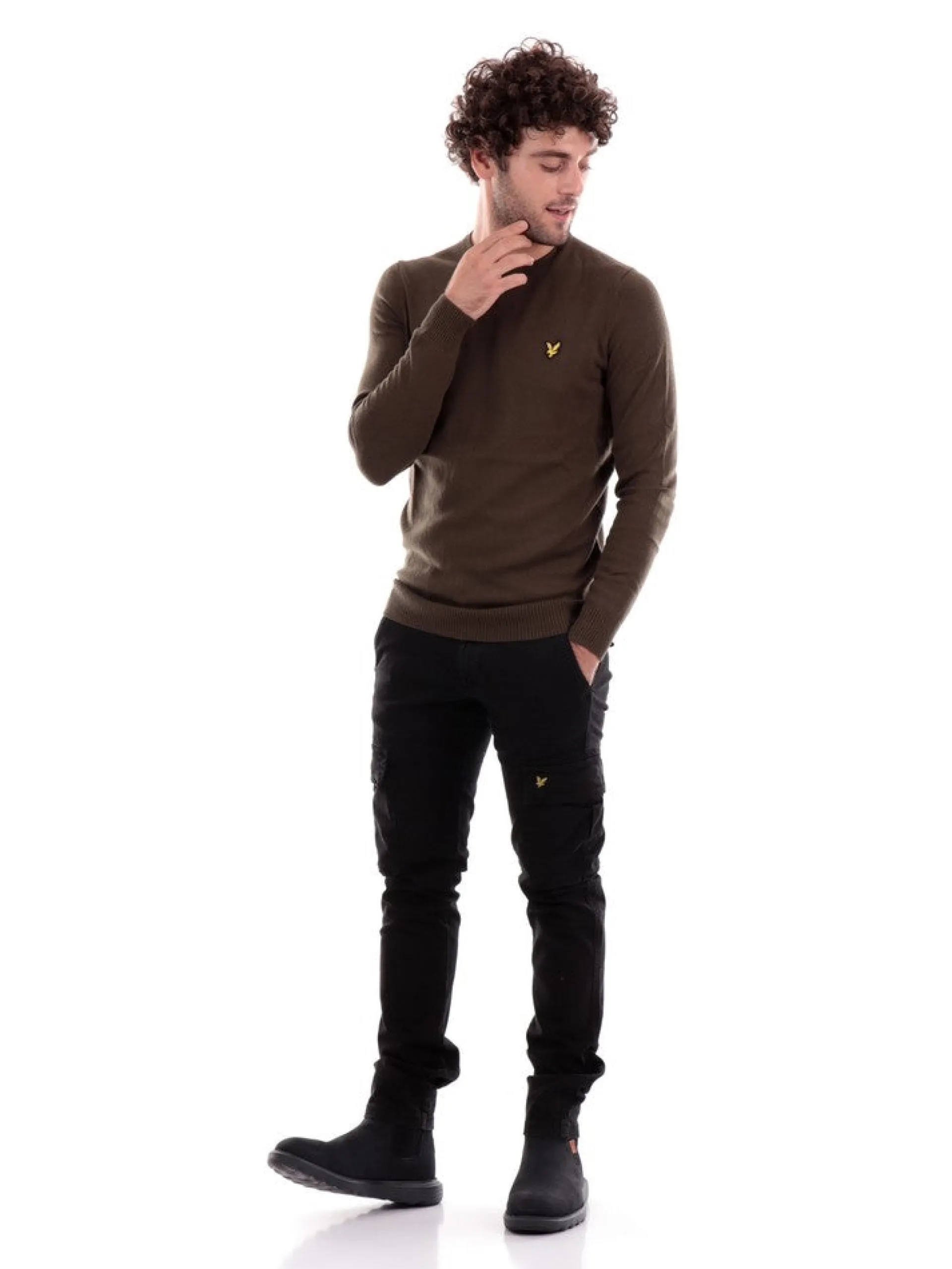 LYLE & SCOTT Maglie*Maglione Lyle Scott verde oliva da uomo Crew Neck Cotton Merino KN400VCE
