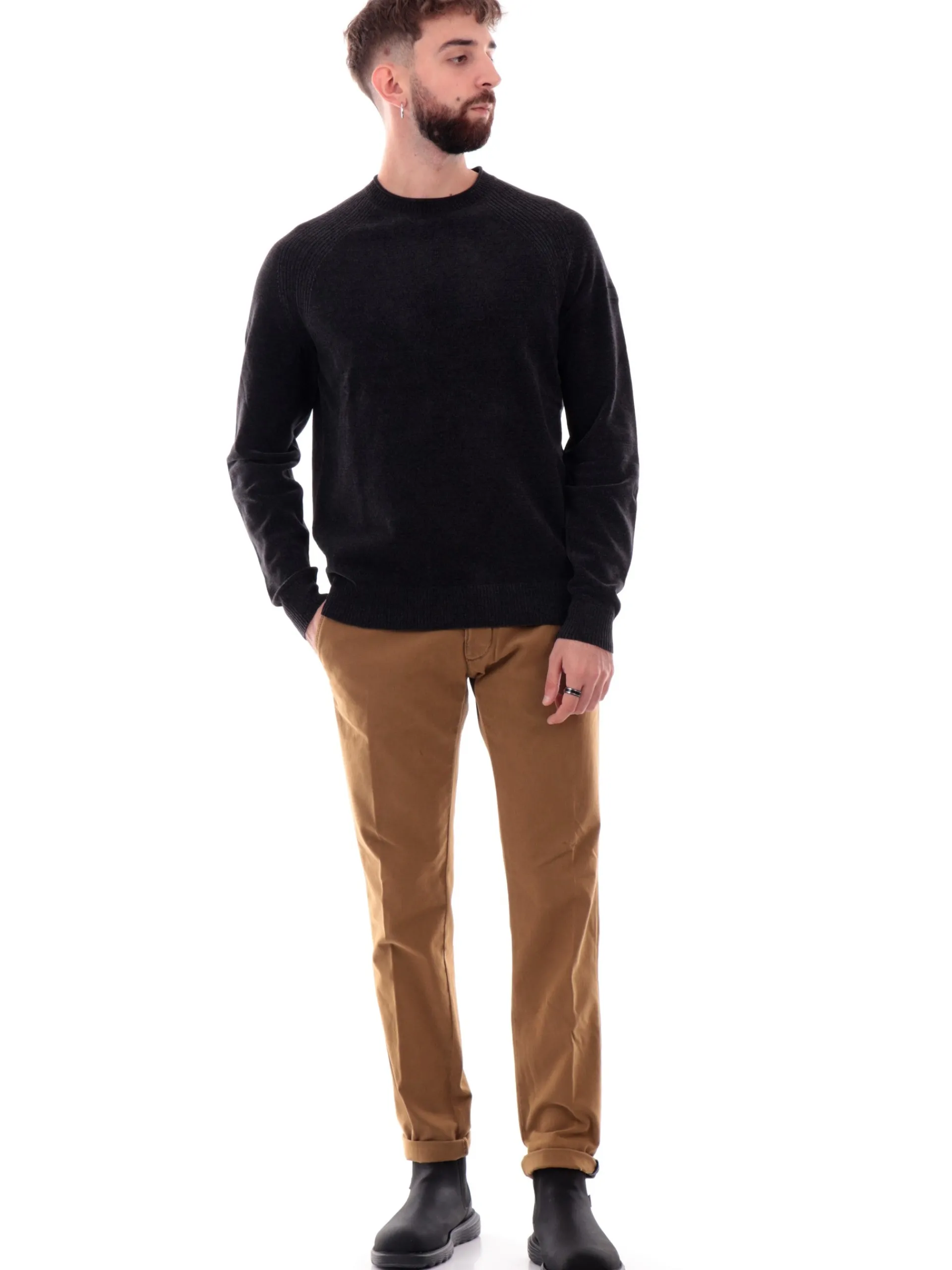 RRD Maglie*Maglione velluto nero da uomo girocollo W24132