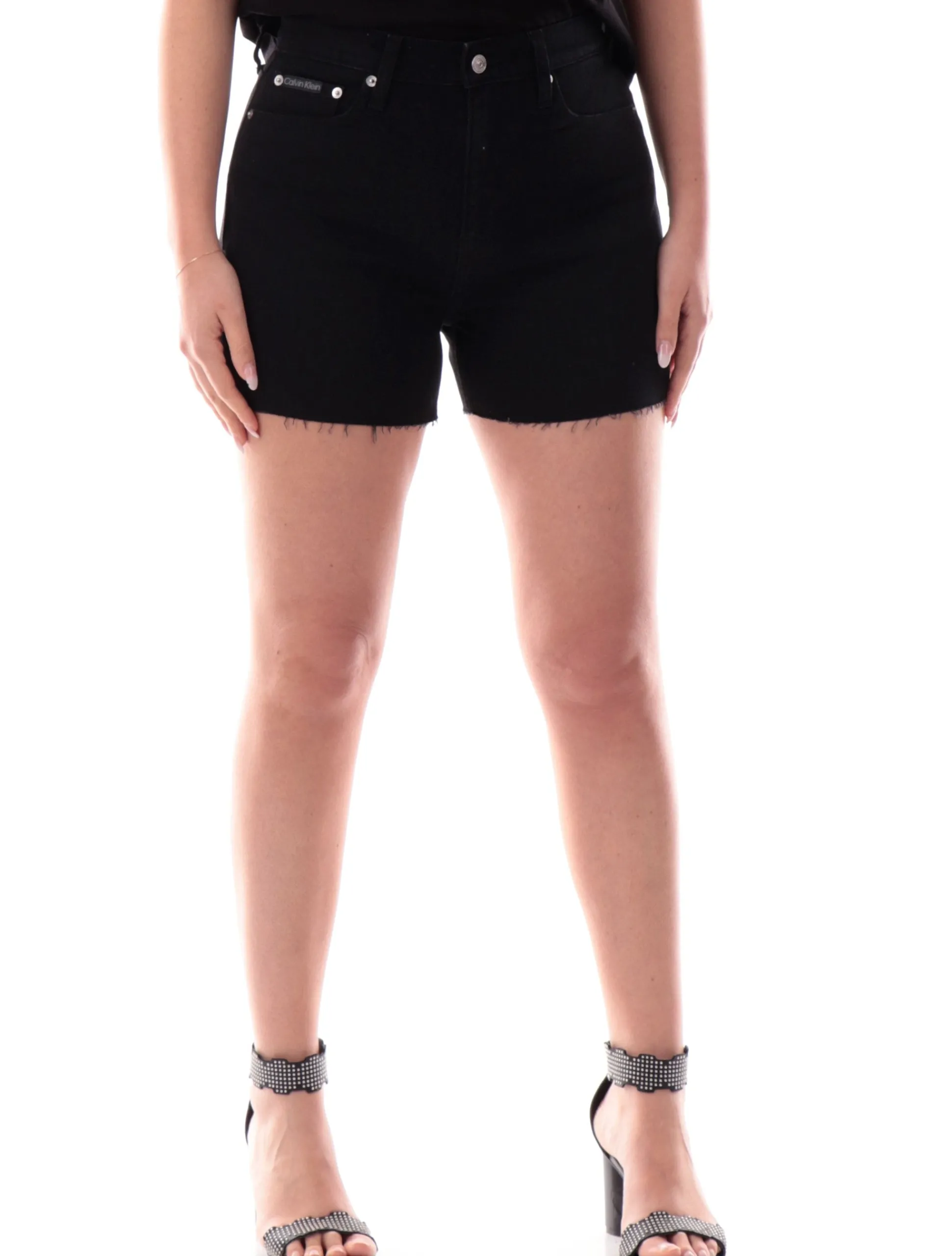 CALVIN KLEIN Shorts*Pantaloncini neri Mom da donna con orli sfrangiati J20J225154