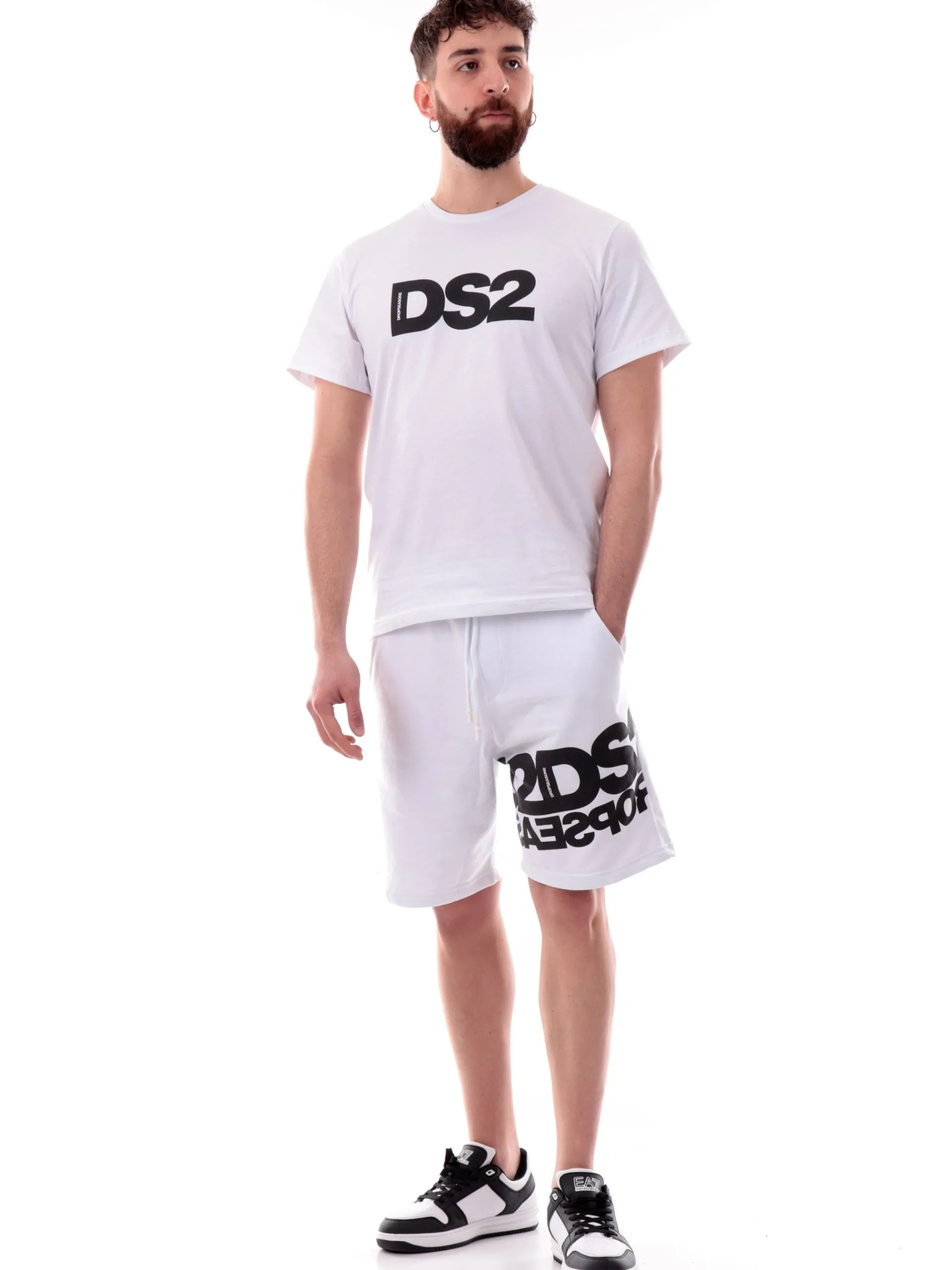 DS2 Bermuda*Pantaloncini bianchi da uomo scritta nera SS25241