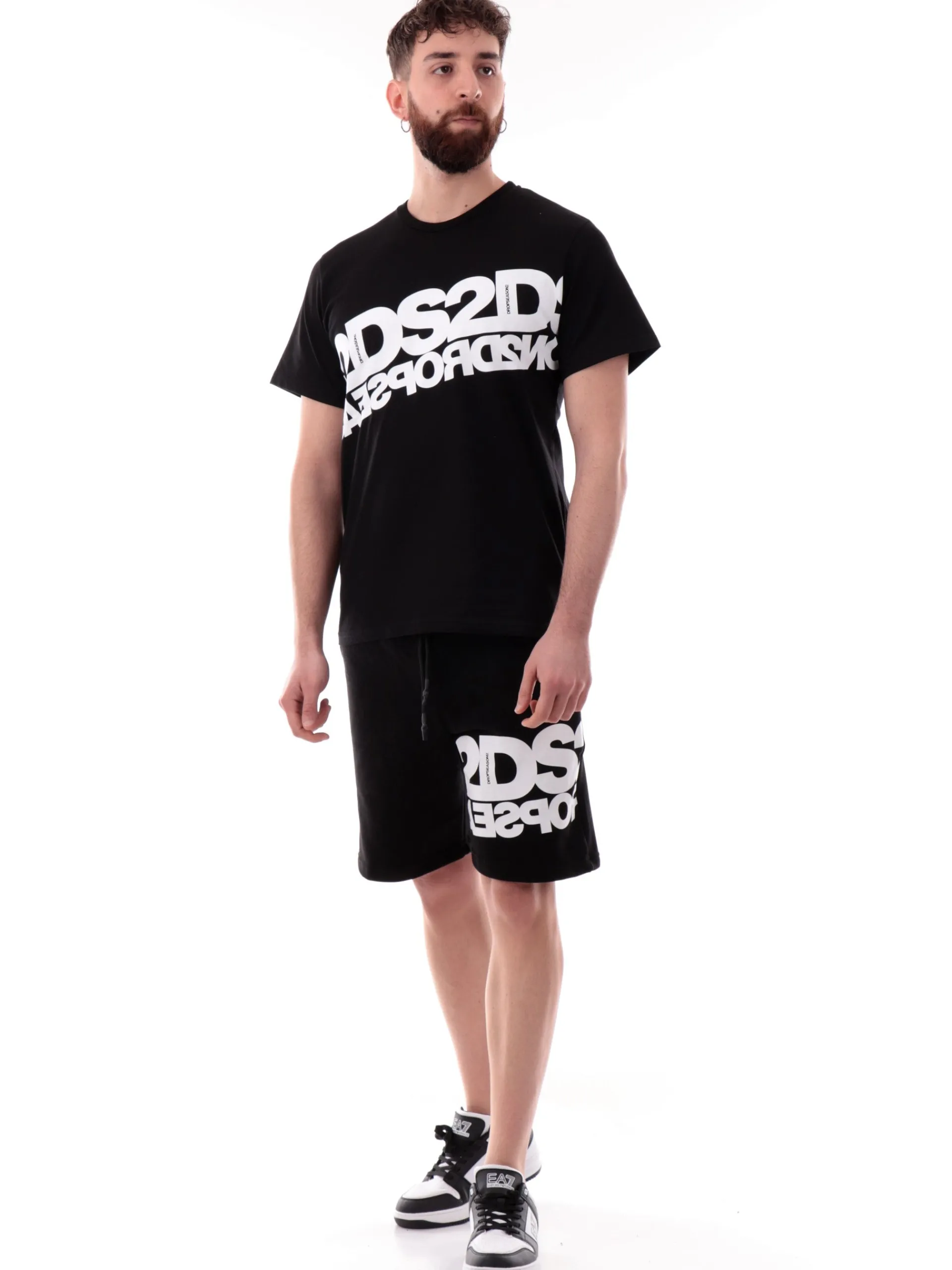 DS2 Bermuda*Pantaloncini neri da uomo con stampa laterale bianca SS25241