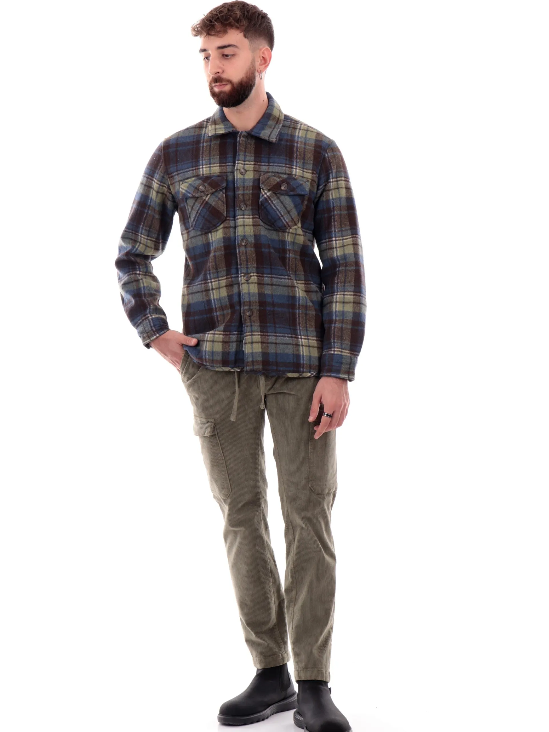 IMPURE Pantaloni*Pantaloni cargo verdi da uomo in velluto SMITH
