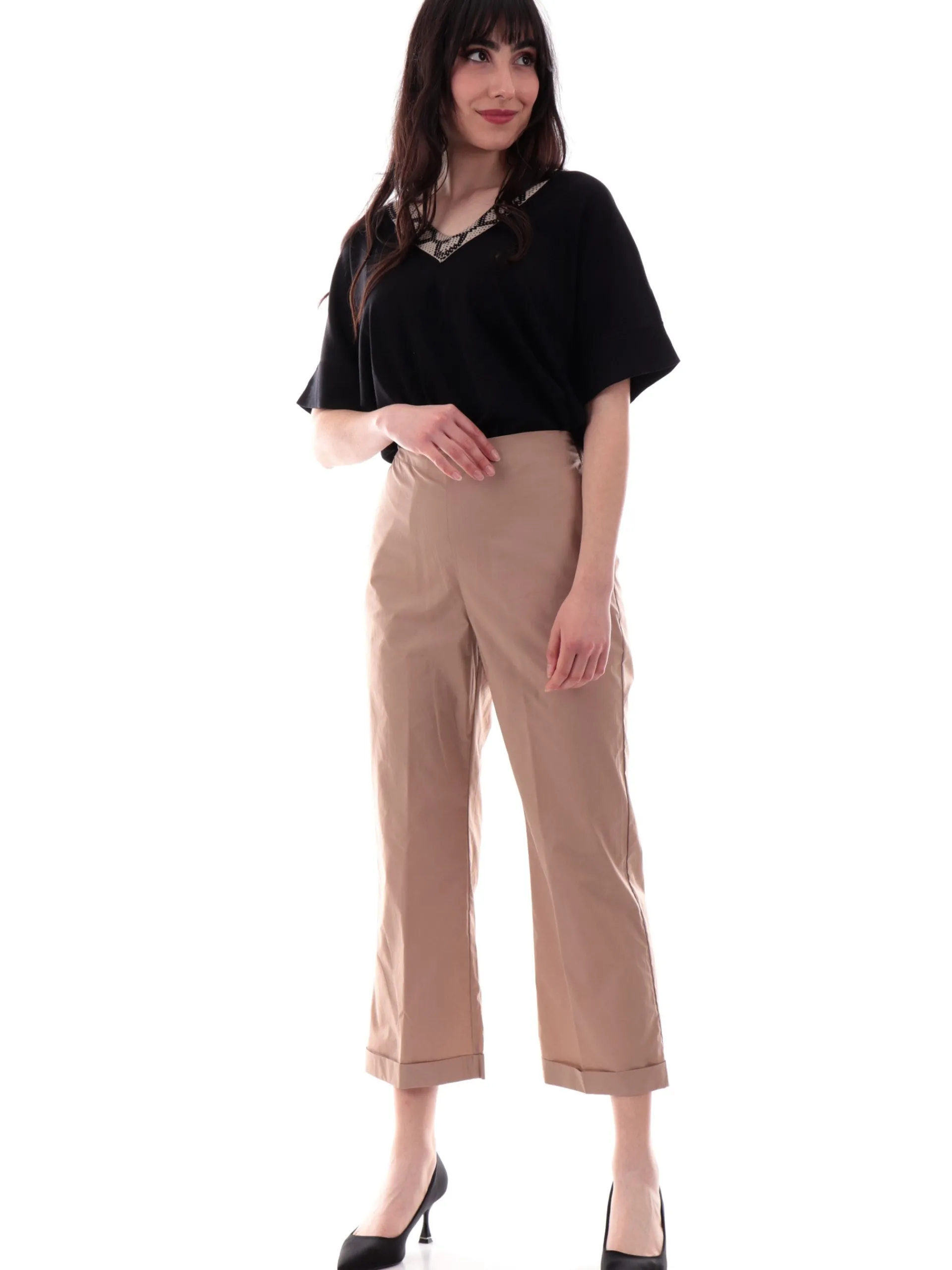 ANIS Pantaloni*Pantaloni crop marroni da donna con banda elastica 251C1260