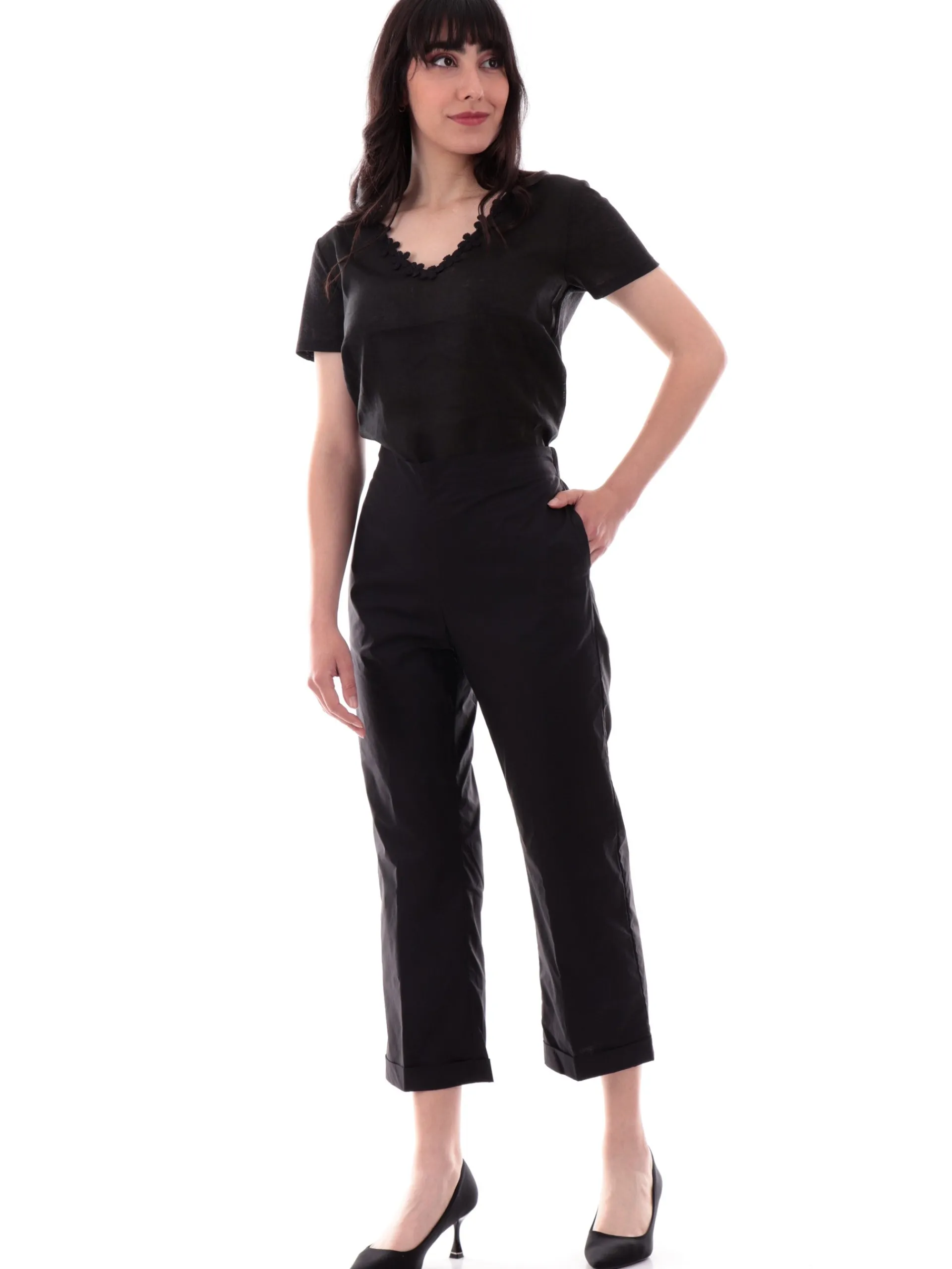 ANIS Pantaloni*Pantaloni crop Neri da donna con banda elastica 251C1260