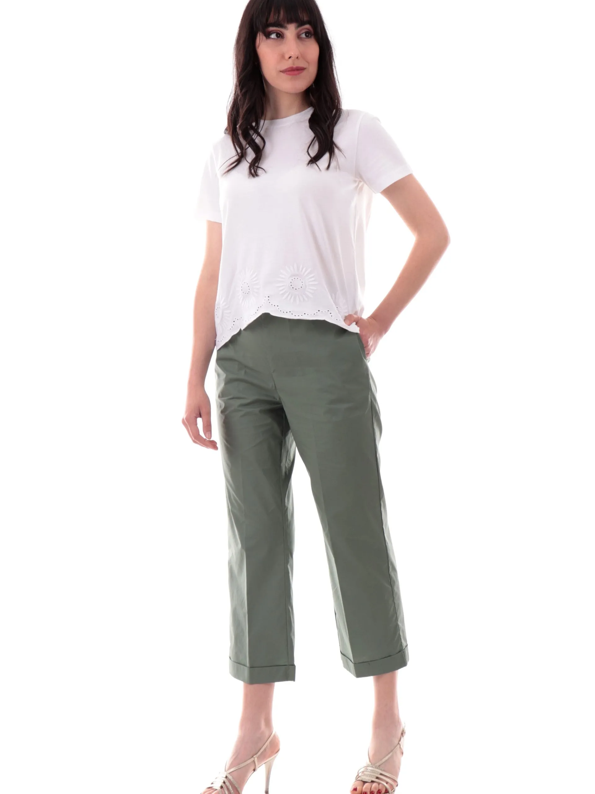 ANIS Pantaloni*Pantaloni crop verdi militari da donna con banda elastica 251C1260