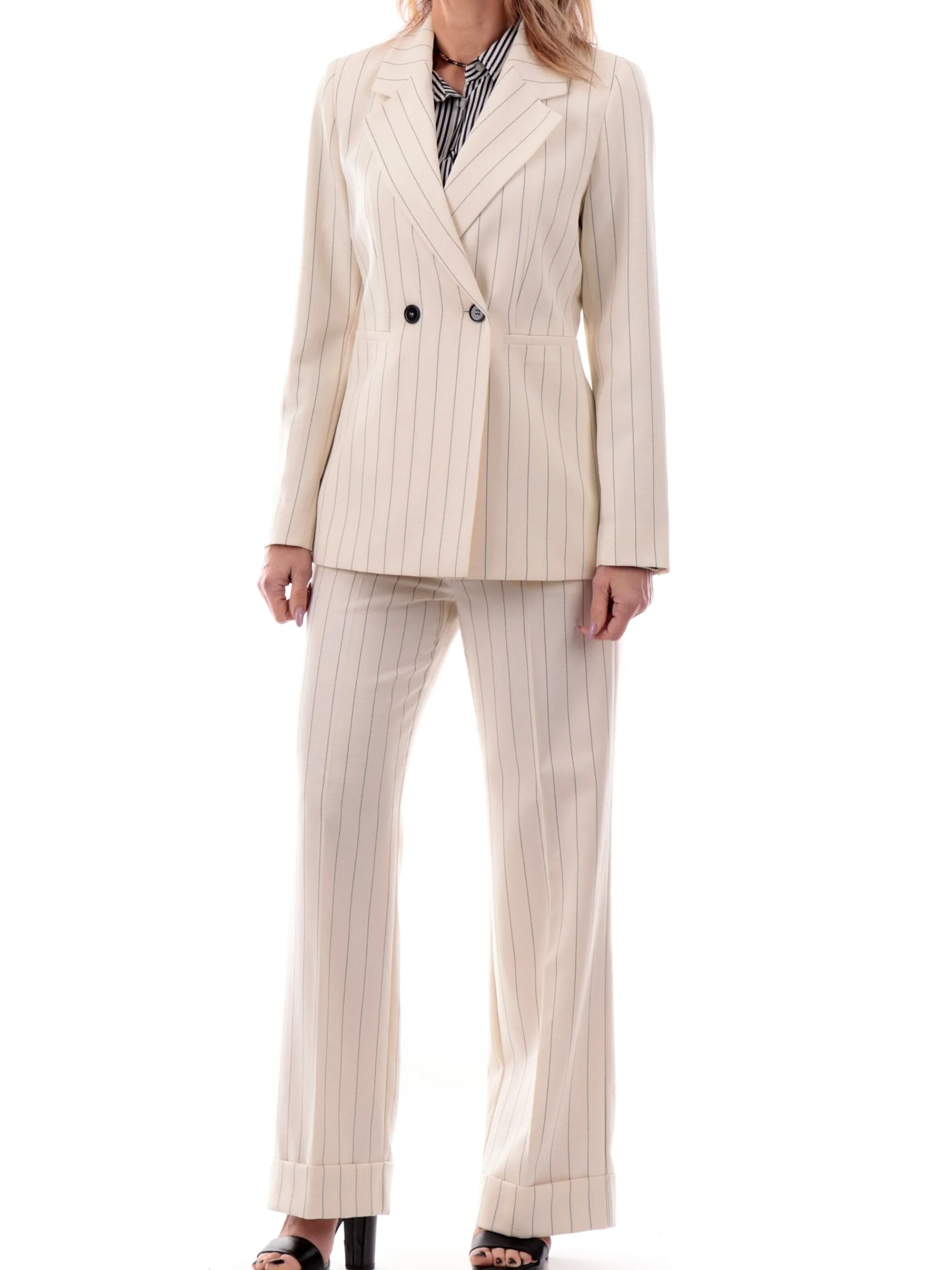 EMME MARELLA Pantaloni*Pantaloni bianchi a righe da donna con risvolto AGRA2