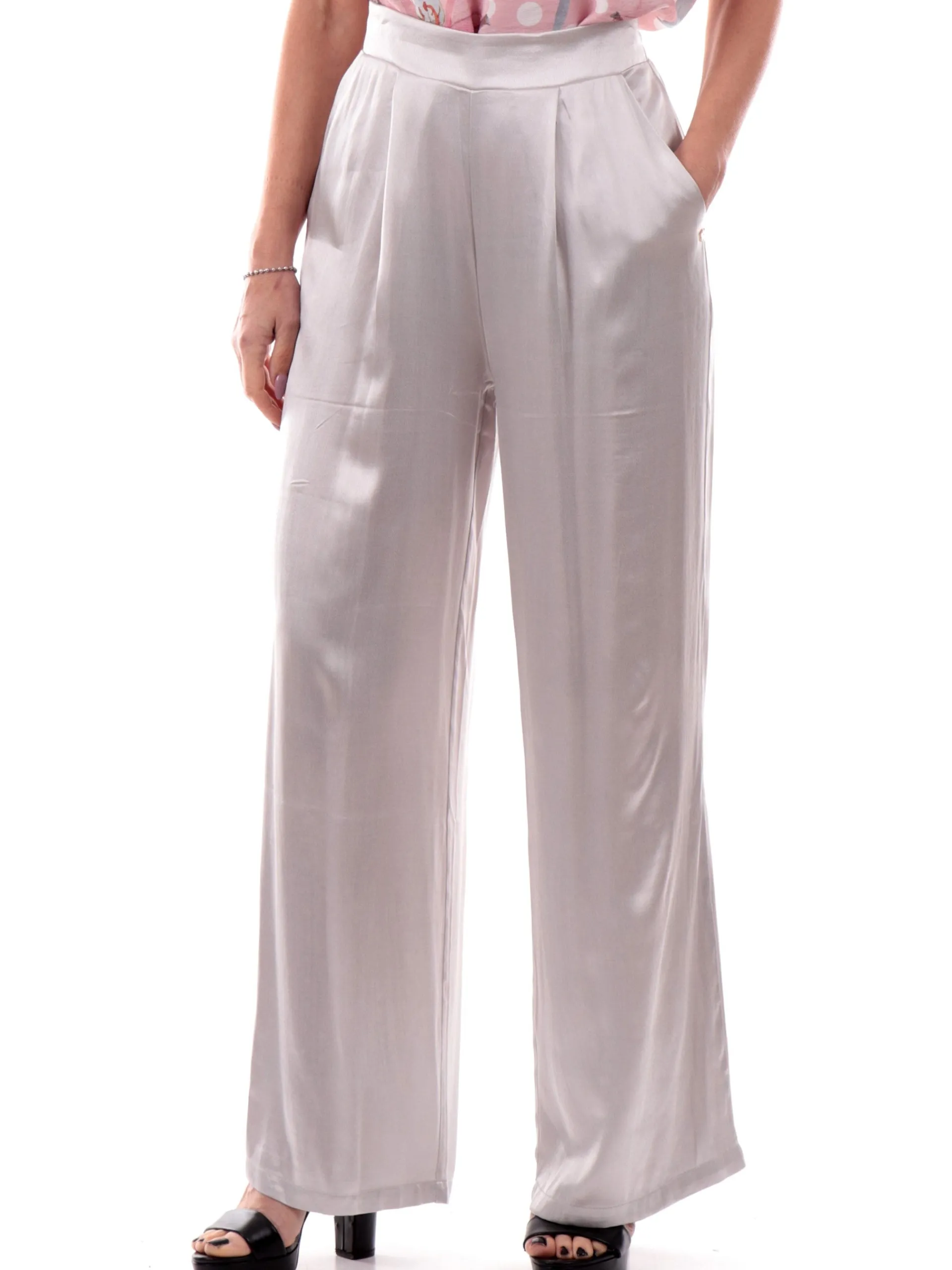 YES ZEE Pantaloni*Pantaloni in raso satin grigi ghiaccio da donna P367EN000819