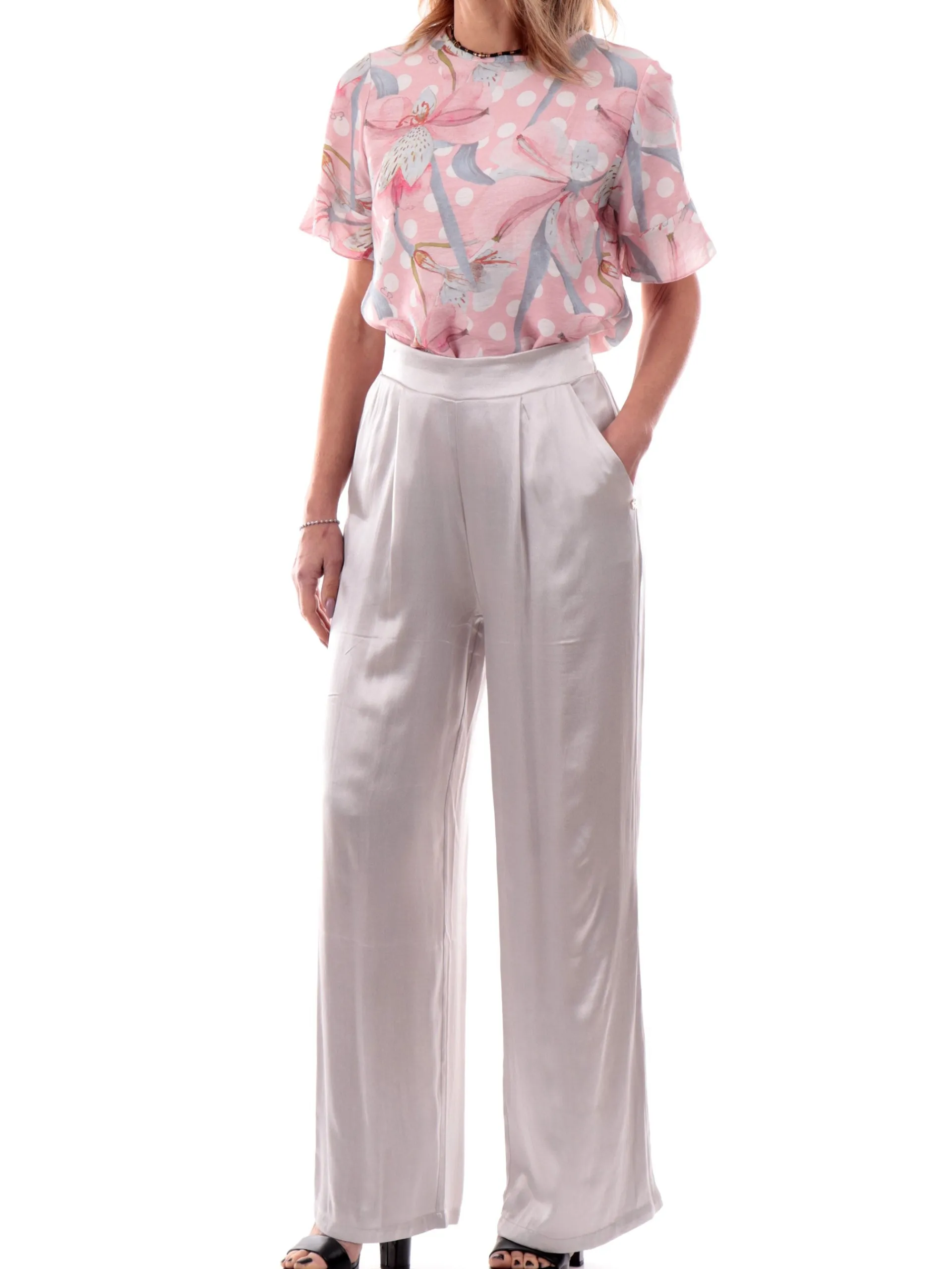 YES ZEE Pantaloni*Pantaloni in raso satin grigi ghiaccio da donna P367EN000819
