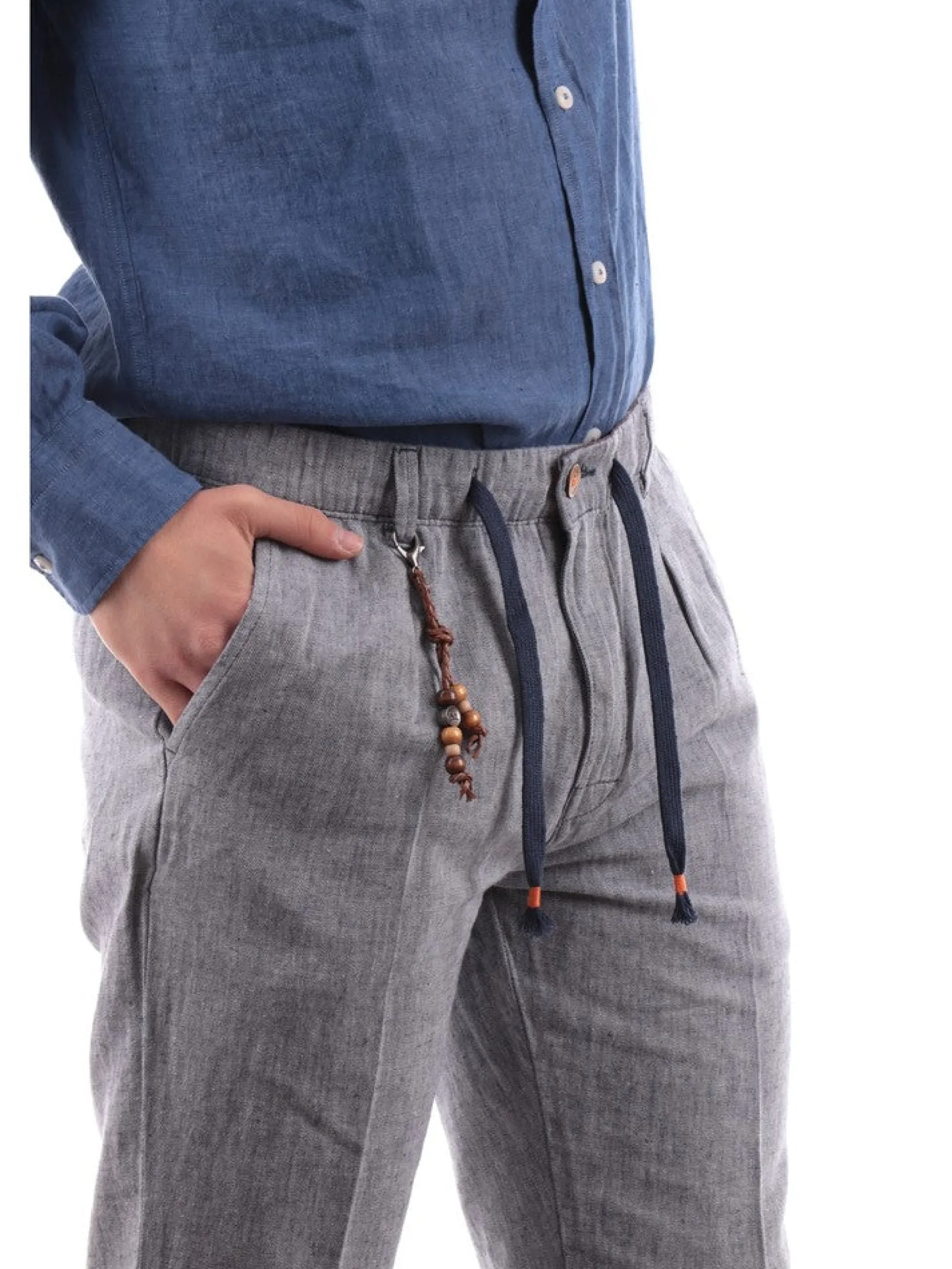YES ZEE Pantaloni*Pantaloni lino grigi da uomo con coulisse P683PP000