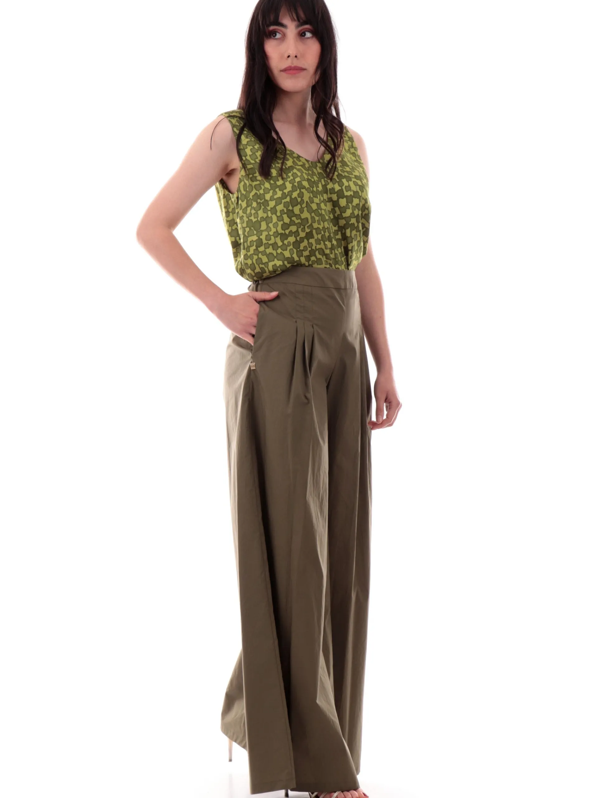 MANILA GRACE Pantaloni*Pantaloni verdi a vita alta a palazzo Svasati P133CUMA