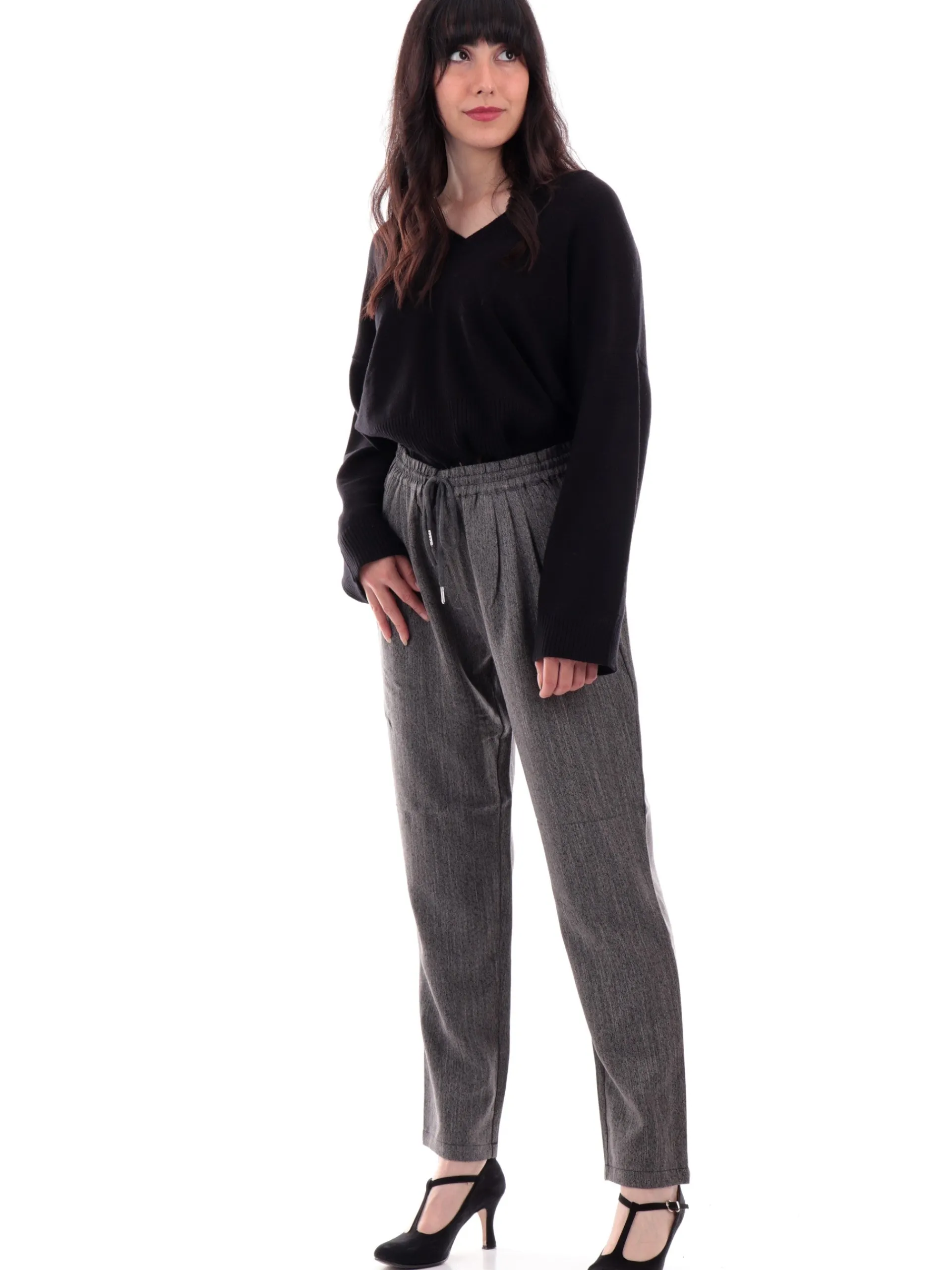 MOLLYBRACKEN Pantaloni*Pantaloni Molly Bracken gessati grigi da donna banda elastica T1397BCN