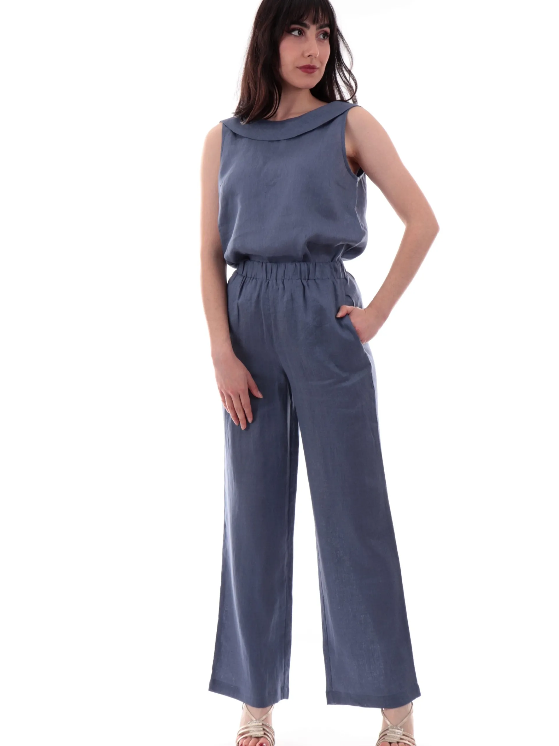 ANIS Pantaloni*Pantaloni palazzo lino blu da donna vestibilità morbida 251C1370