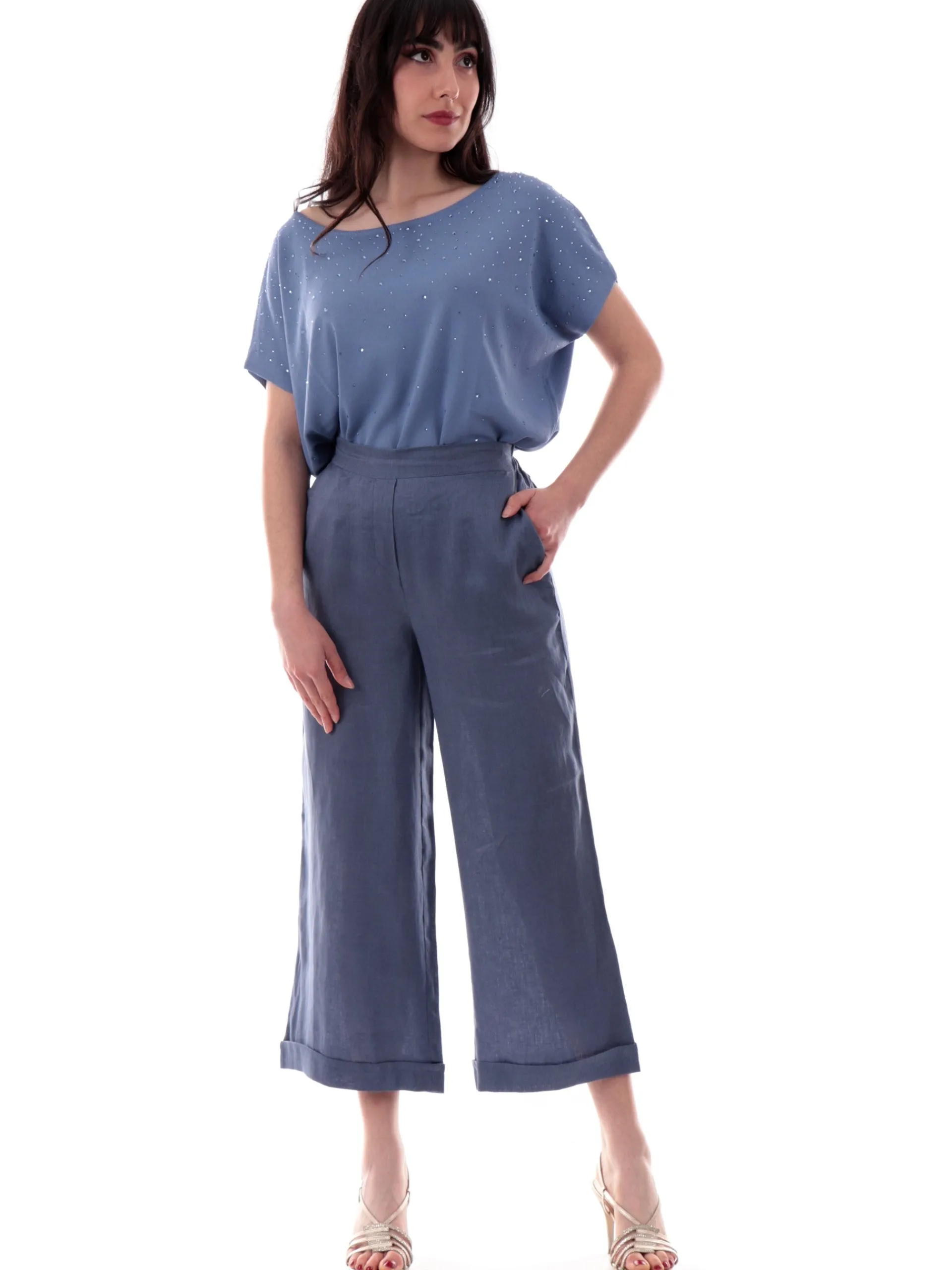 ANIS Pantaloni*Pantaloni palazzo lino blu da donna fino alla caviglia 251C1372