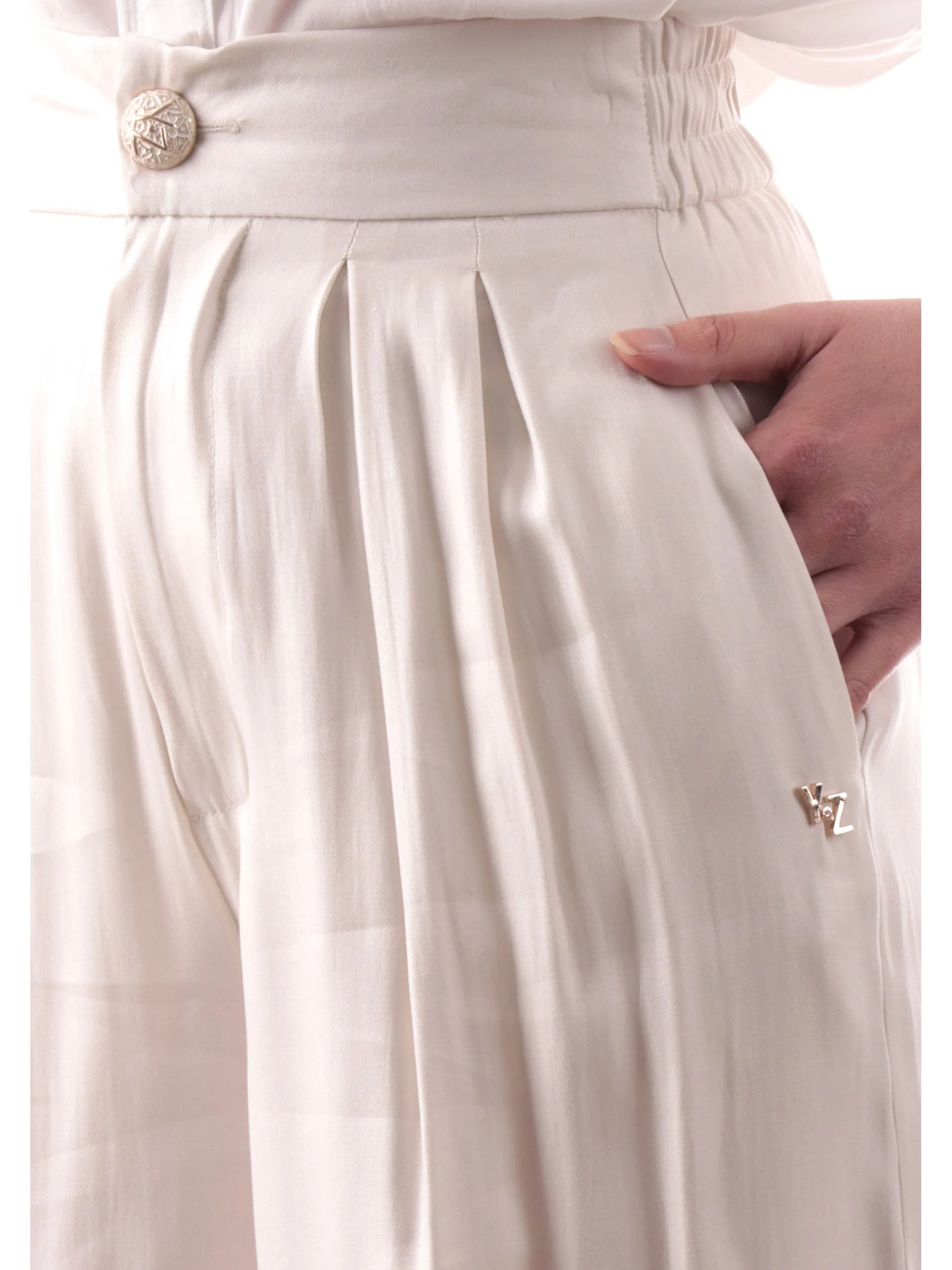 YES ZEE Pantaloni*Pantaloni Palazzo bianco perla da donna a vita alta P322C700 0157