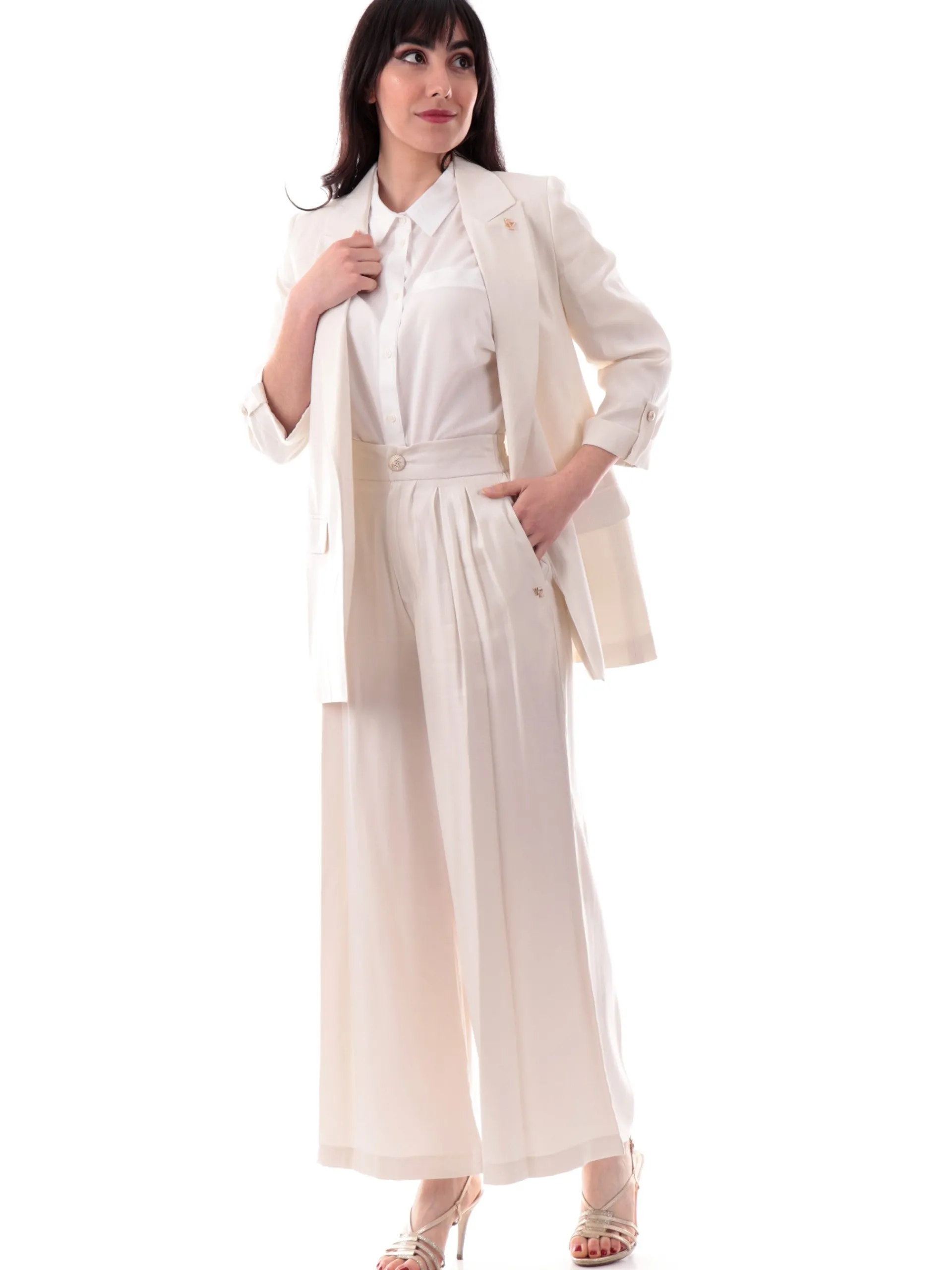 YES ZEE Pantaloni*Pantaloni Palazzo bianco perla da donna a vita alta P322C700 0157