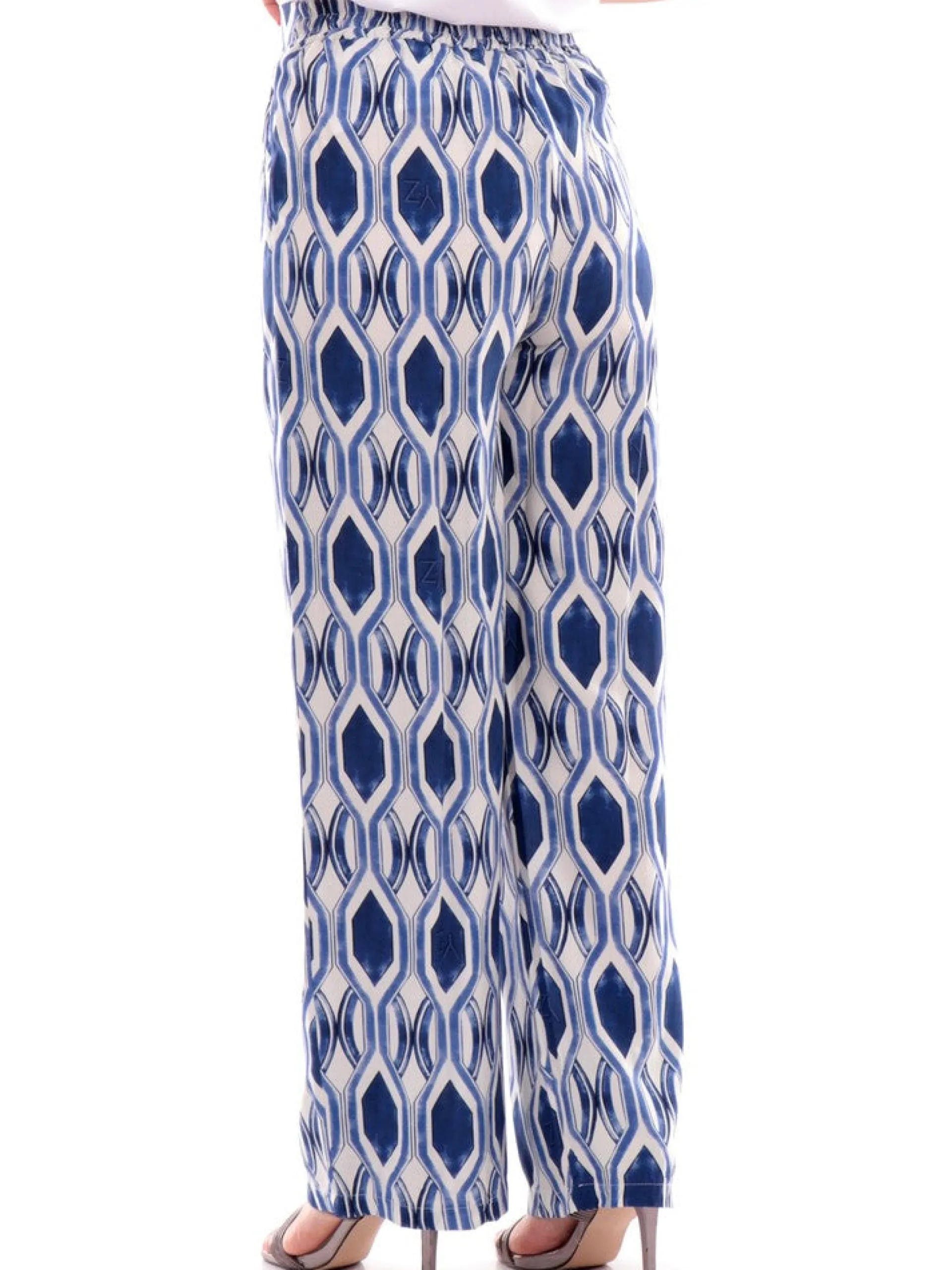 YES ZEE Pantaloni*Pantaloni Palazzo donna a fantasia geometrica blu viscosa vita elastica P367Y8002