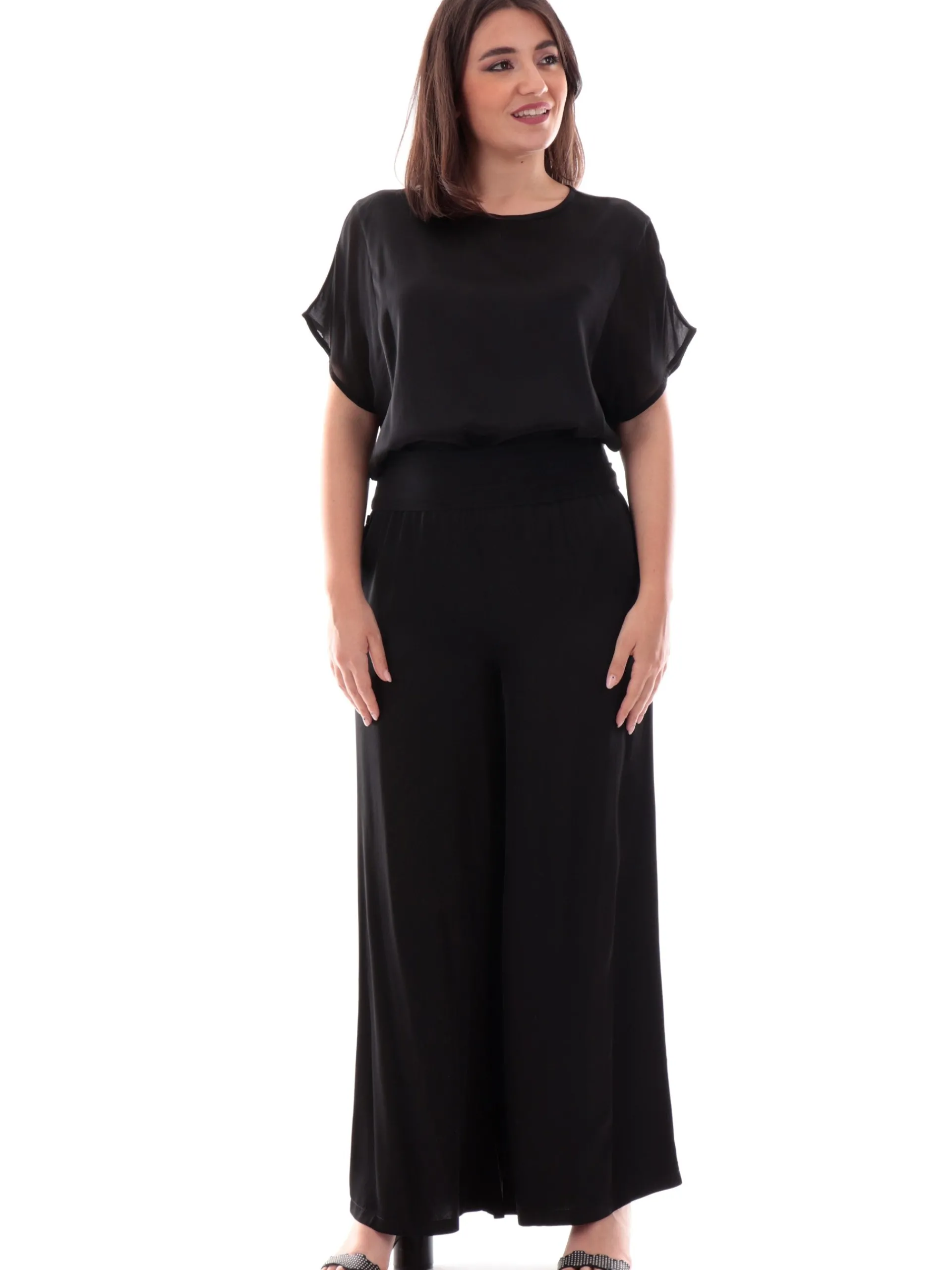MANILA GRACE Pantaloni*Pantaloni palazzo neri baschina da donna vita alta P050VUMA